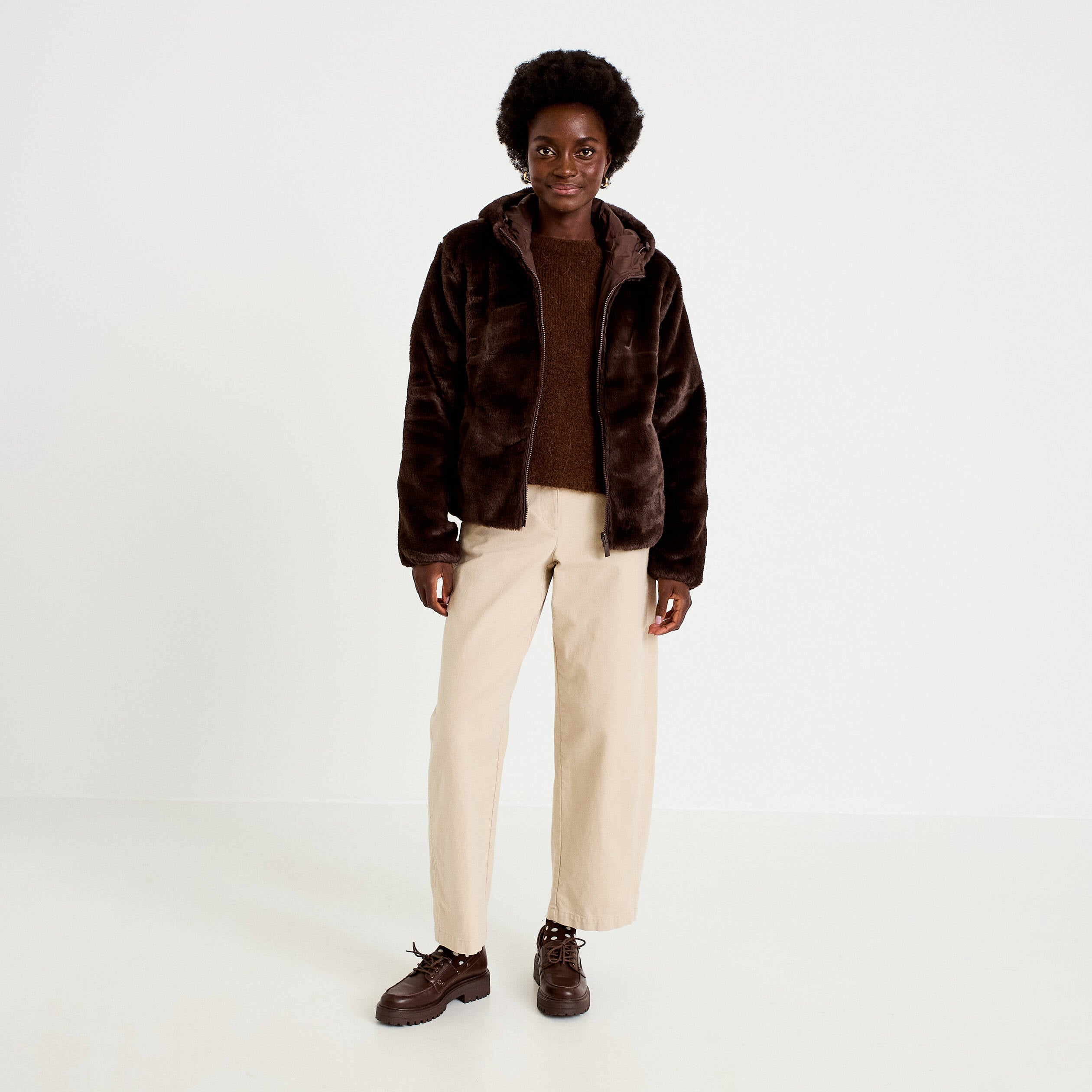 Parka r&eacute;versible &agrave; capuche marron fonc&eacute; femme