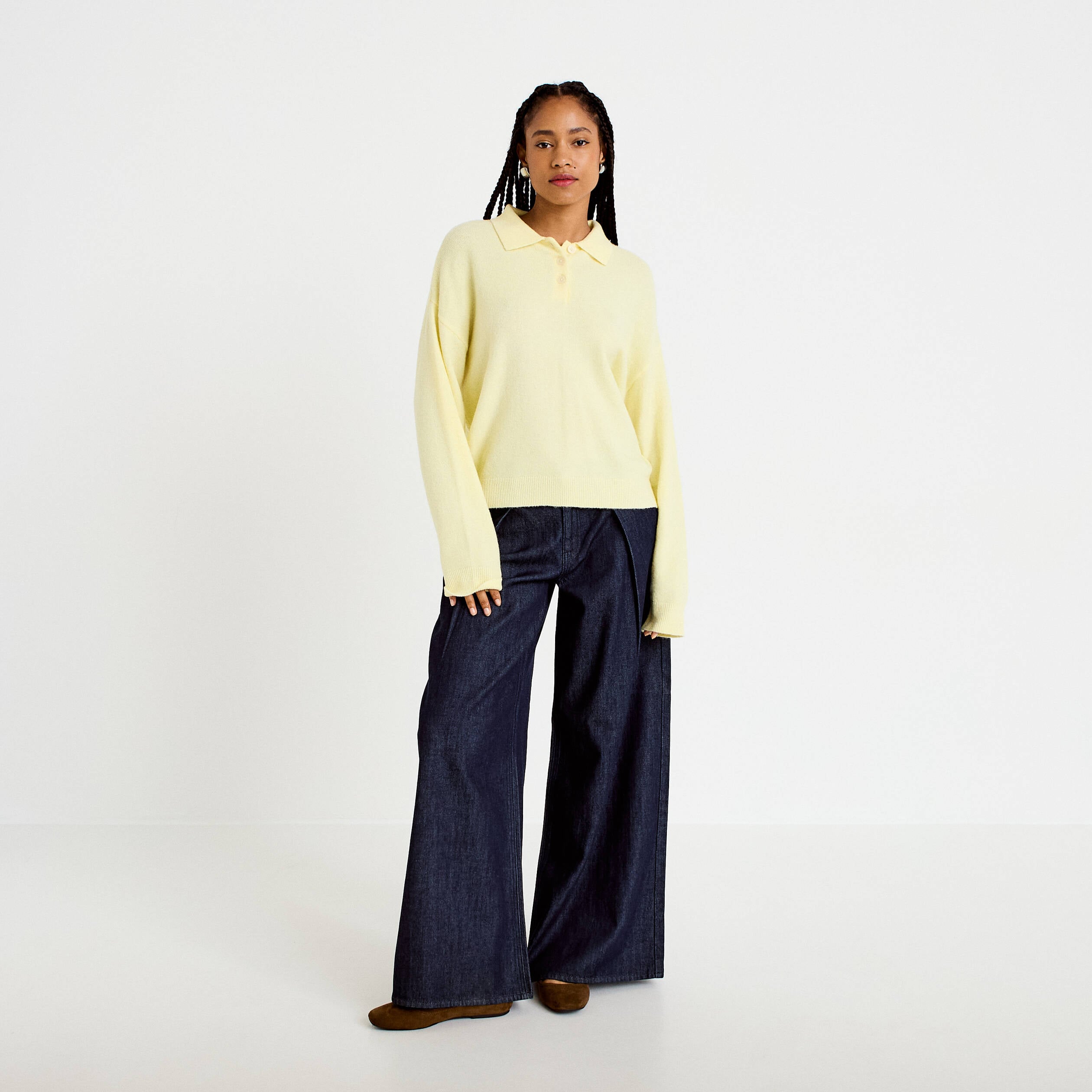 Pull col chemise manches longues jaune clair femme