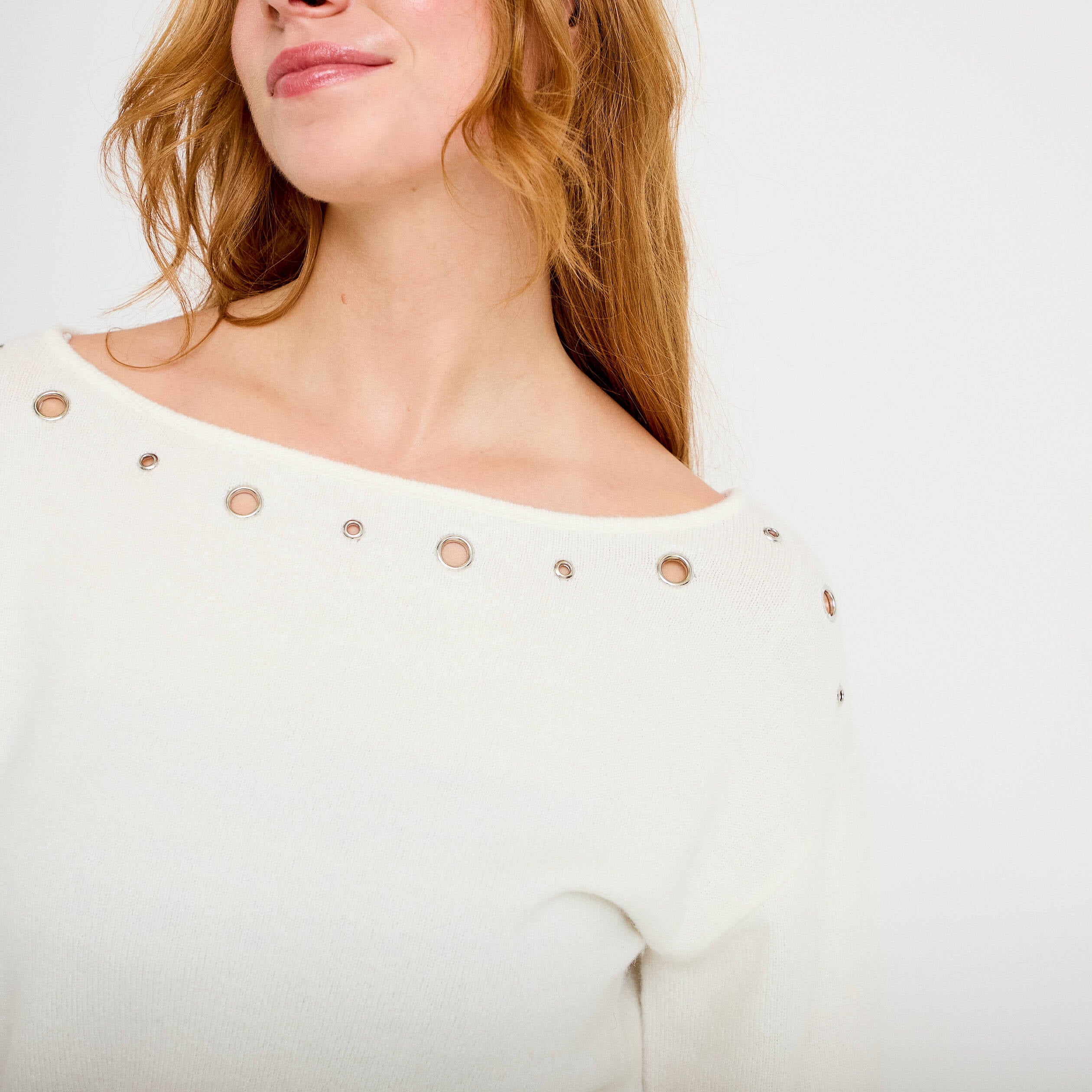 Pull col bateau manches longues ecru femme