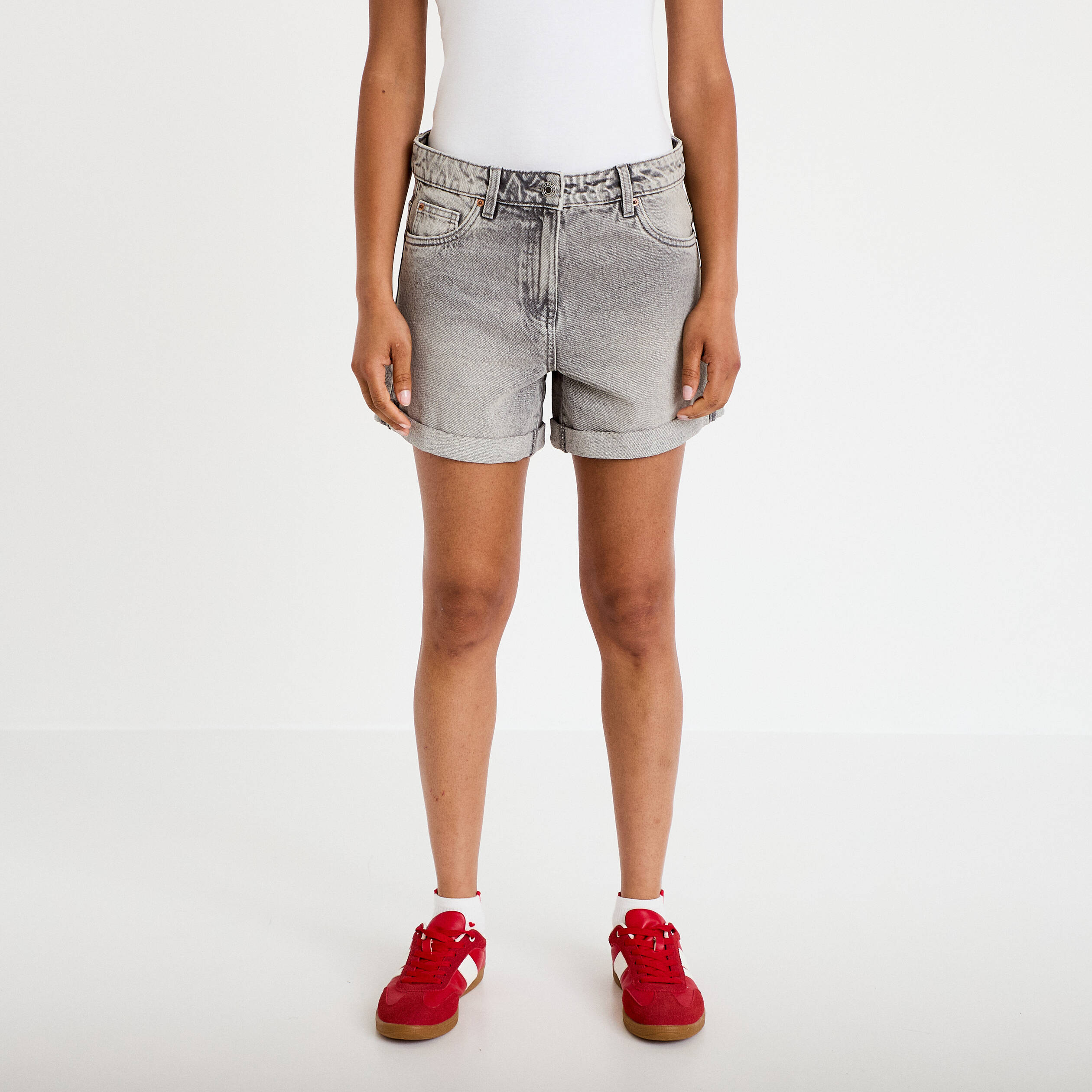 Short mom taille haute en jean denim gris femme