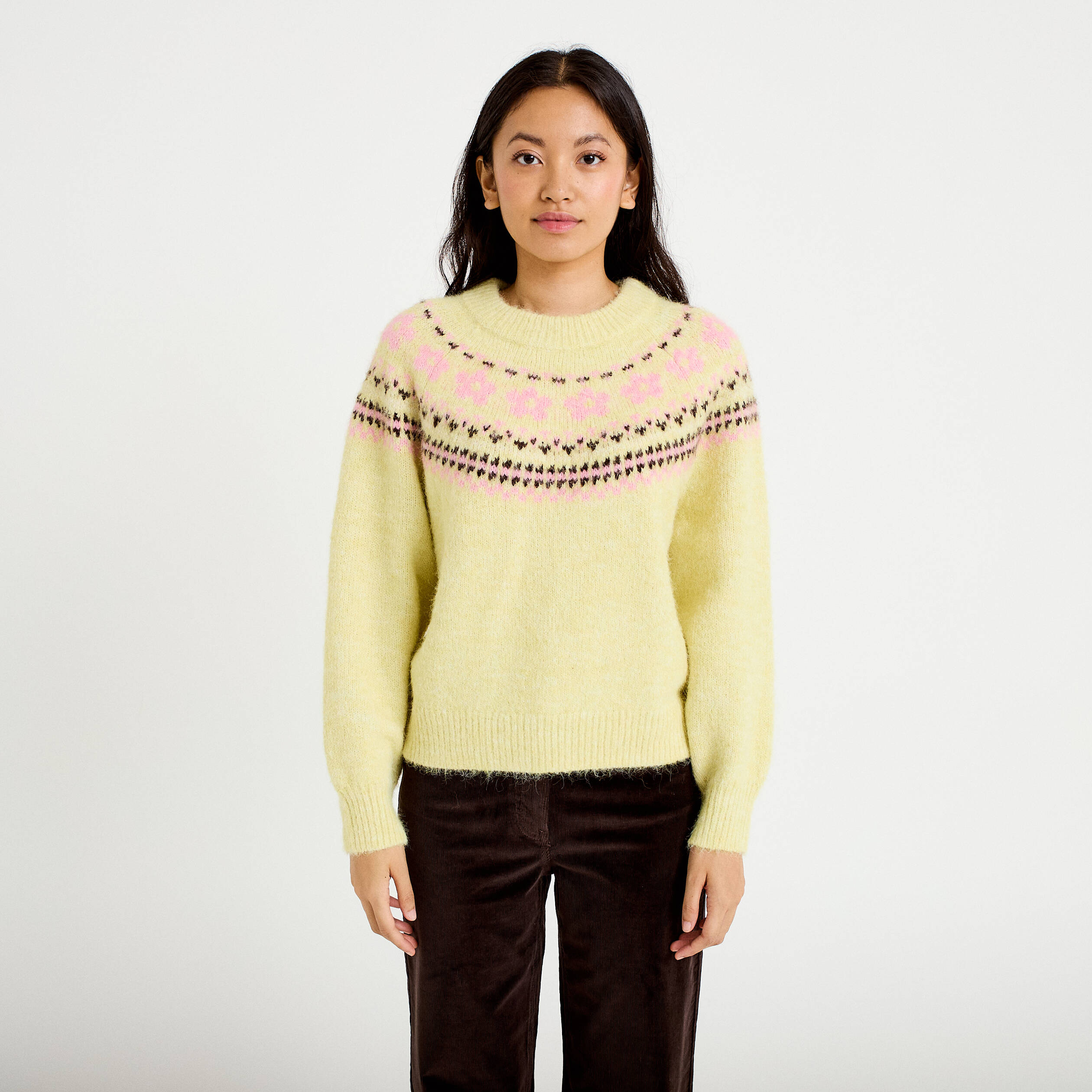 Pull col rond manches longues jaune clair femme