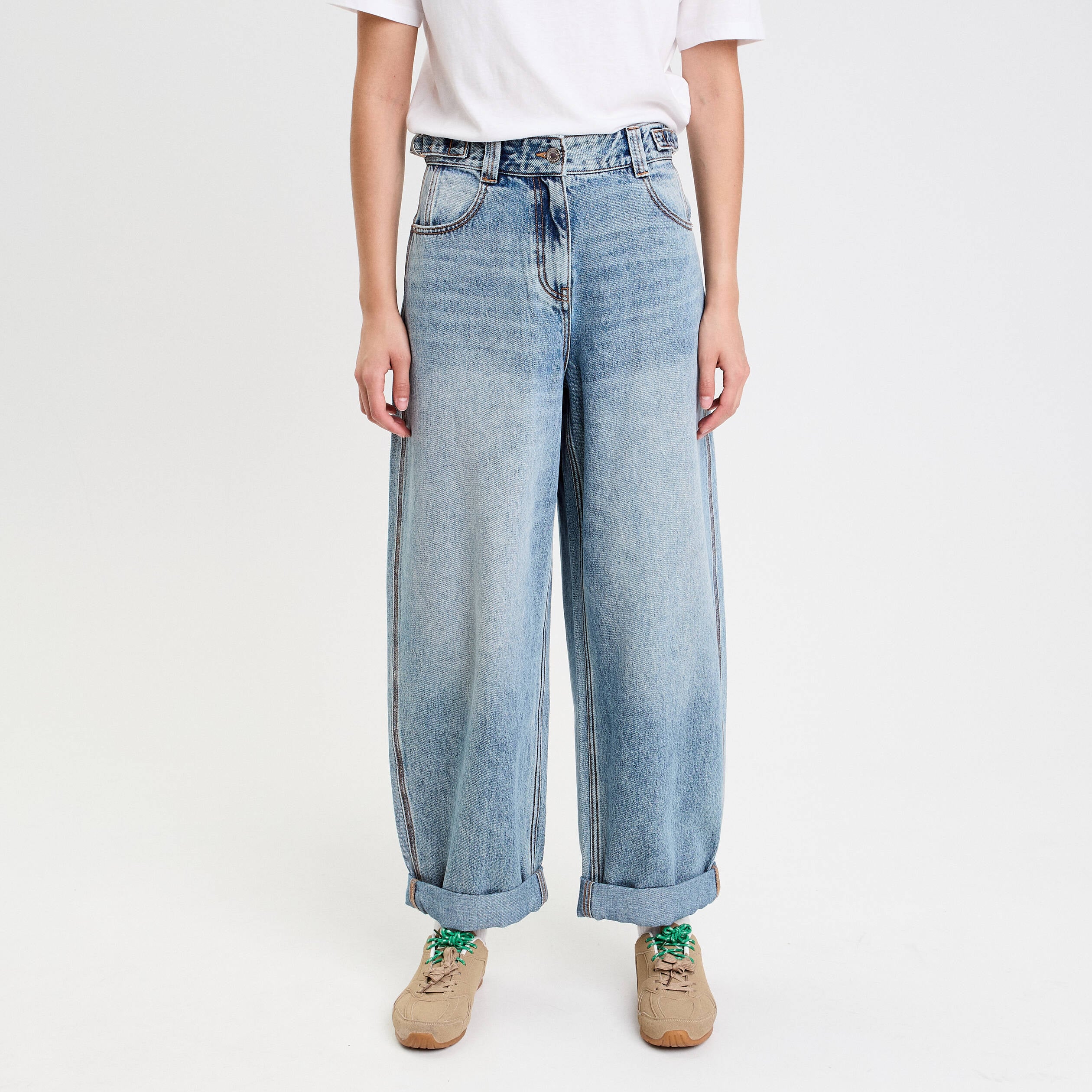 Jean barrel long en coton denim double stone femme