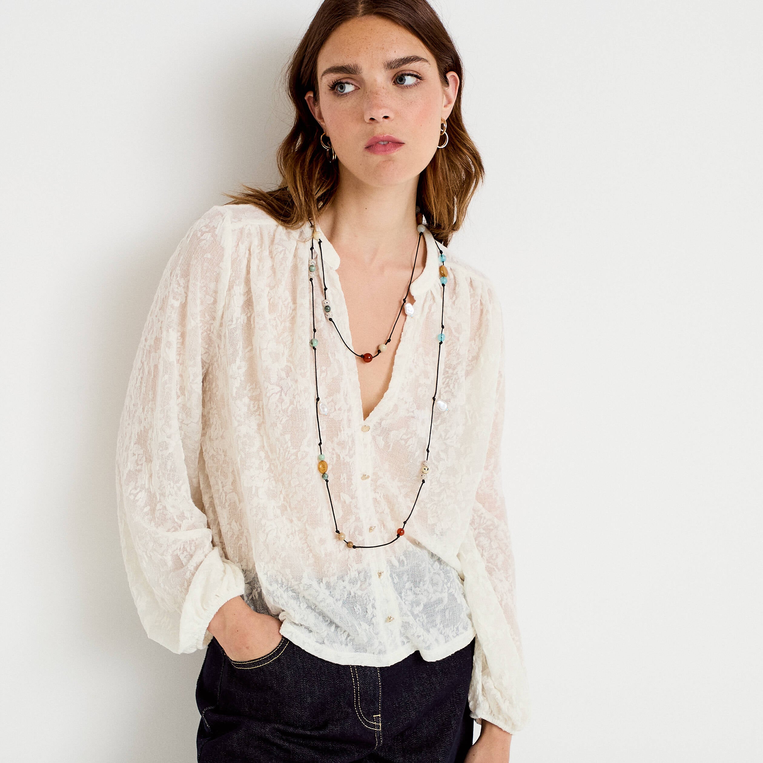 Blouse maille fantaisie ecru femme