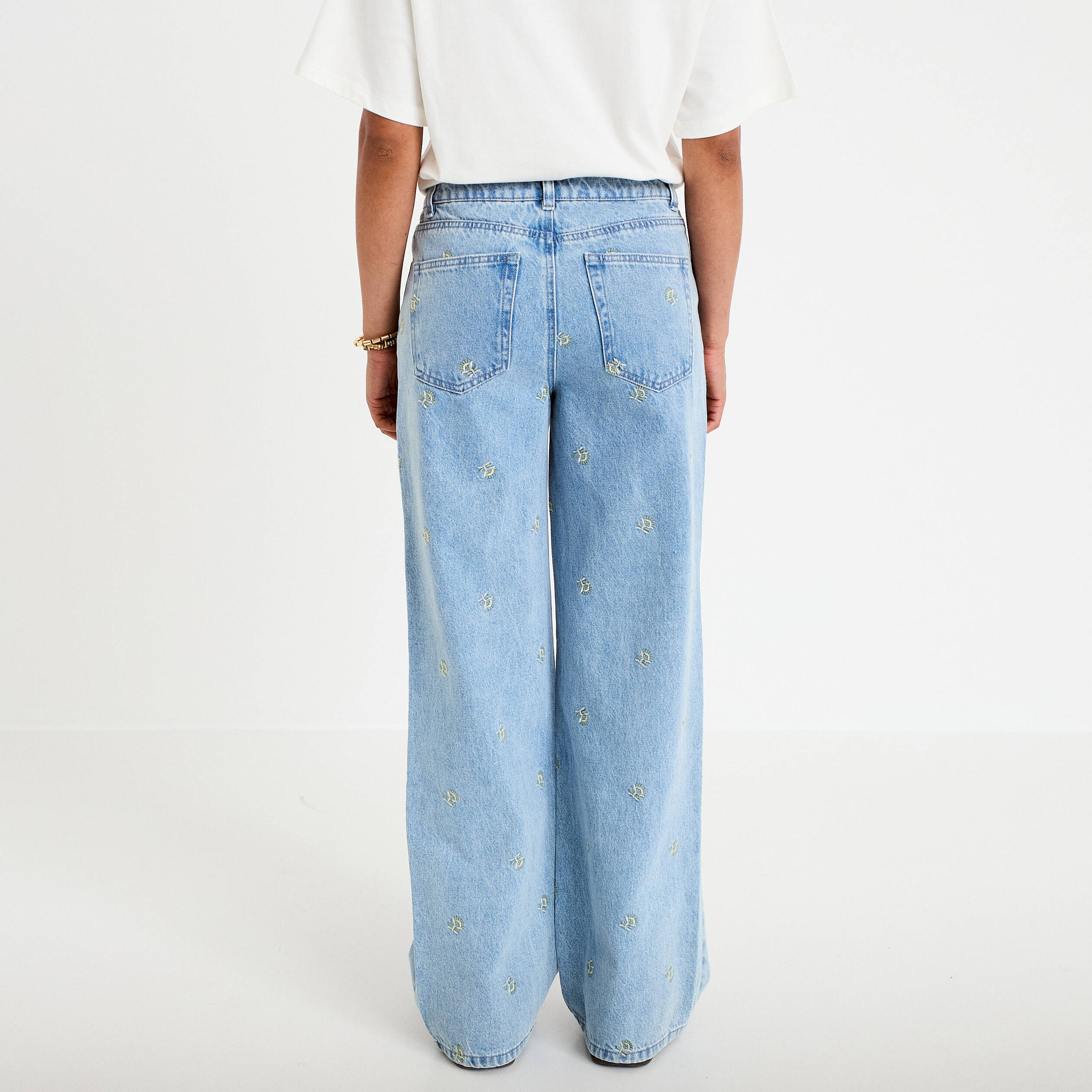 Jean wide leg broderie taille haute bleu femme