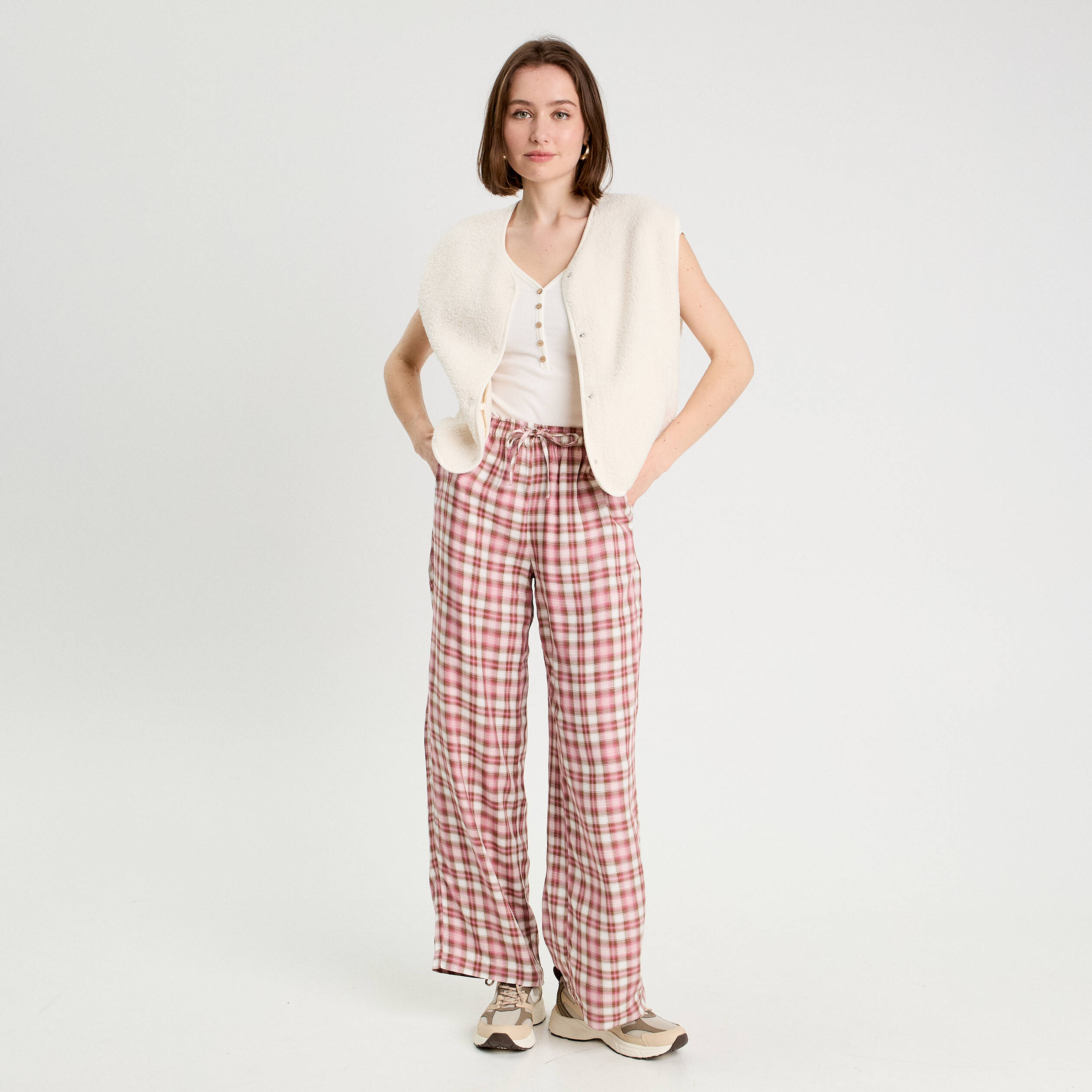 Pantalon large taille haute rose femme
