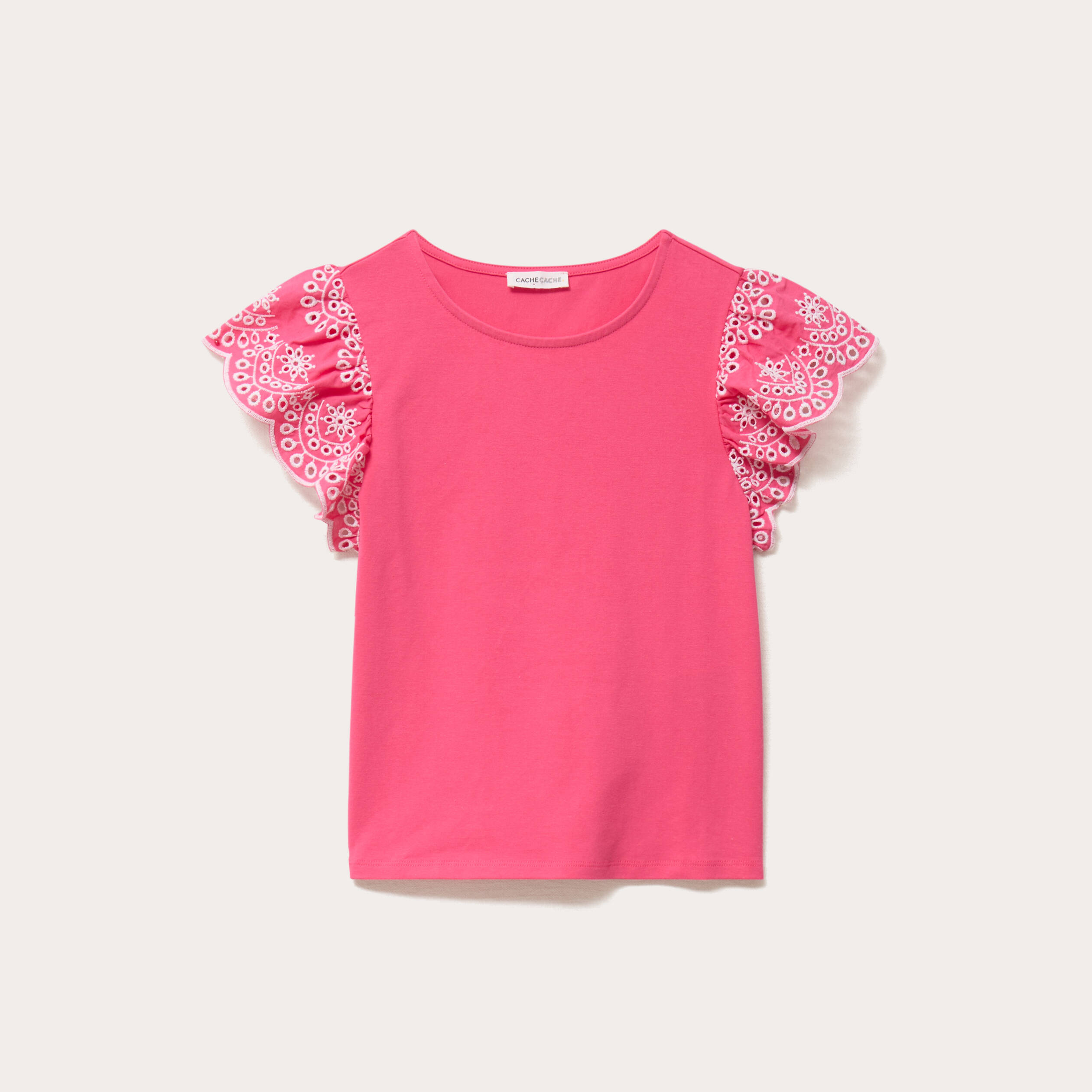 T-shirt manches brod&eacute;es rose fushia femme