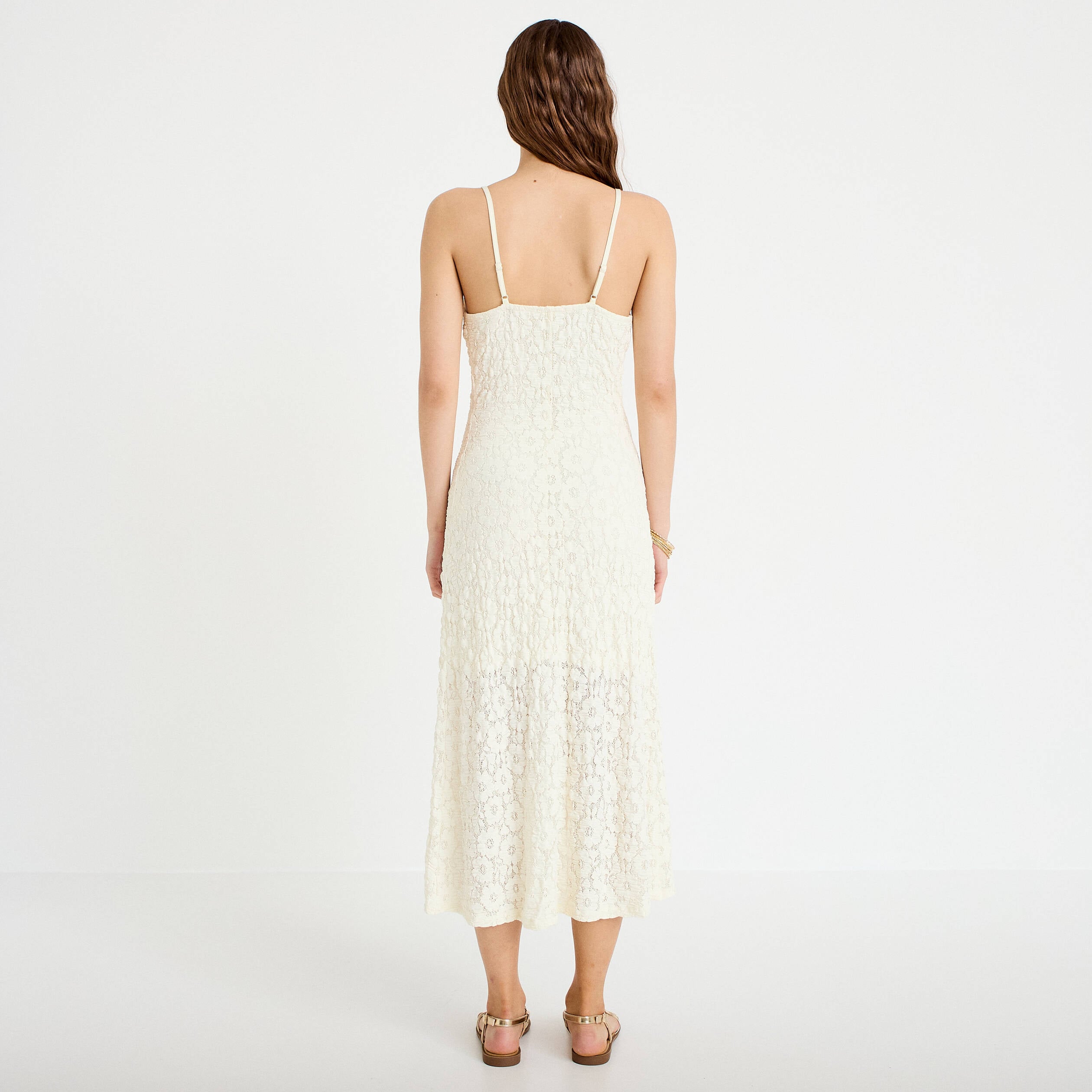Robe longue droite en maille ecru femme