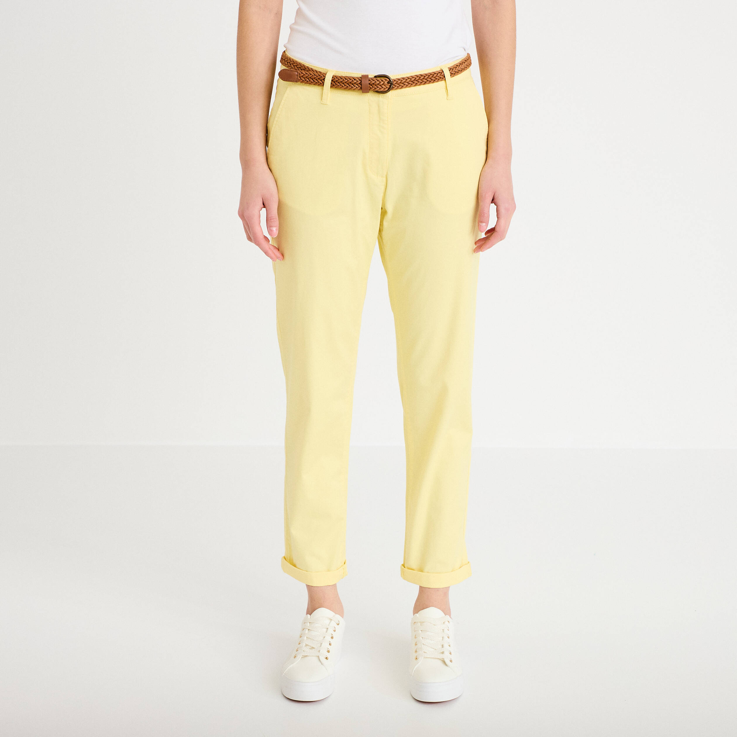 Pantalon chino 7/8&egrave;me jaune pastel femme