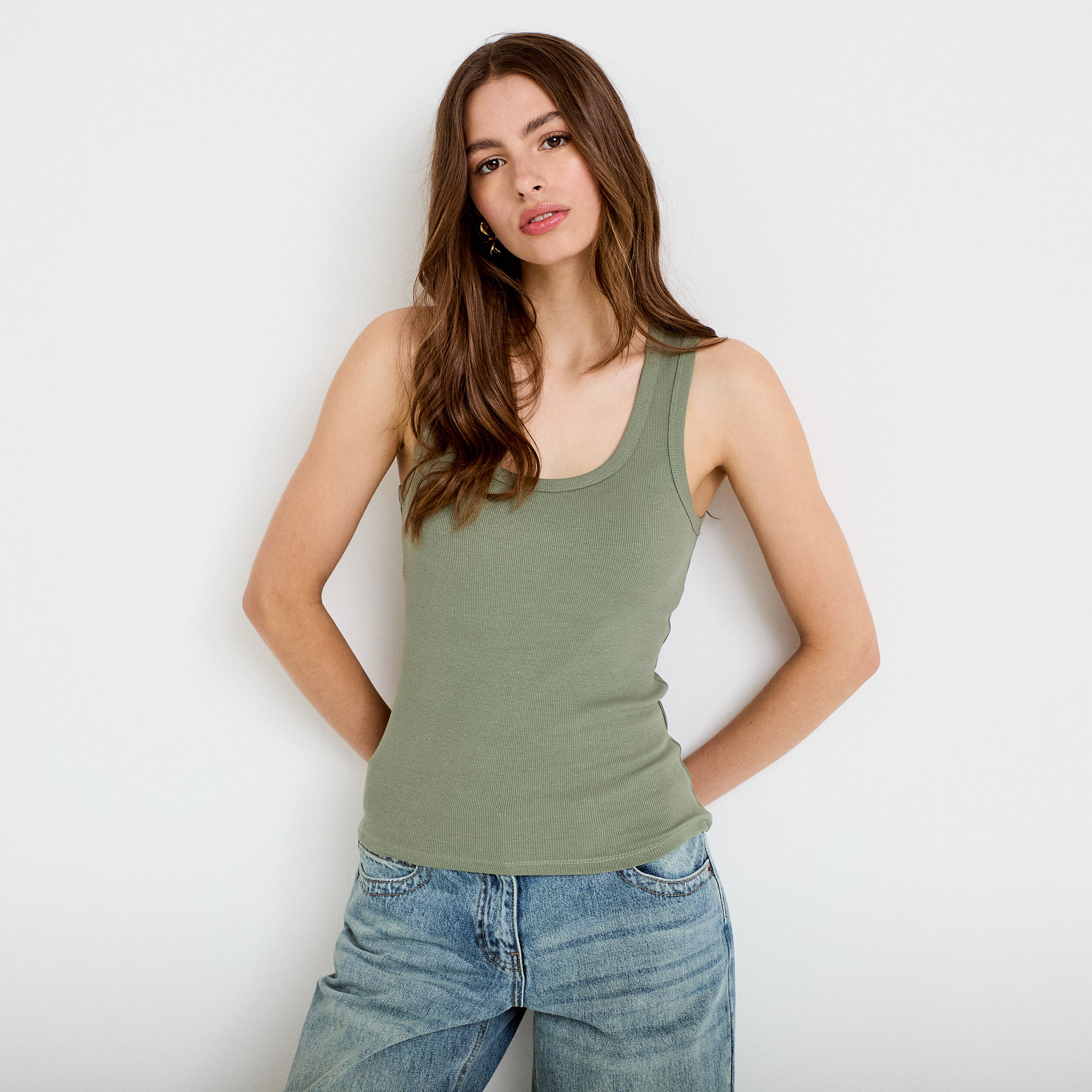 D&eacute;bardeur c&ocirc;tel&eacute; col rond vert kaki femme