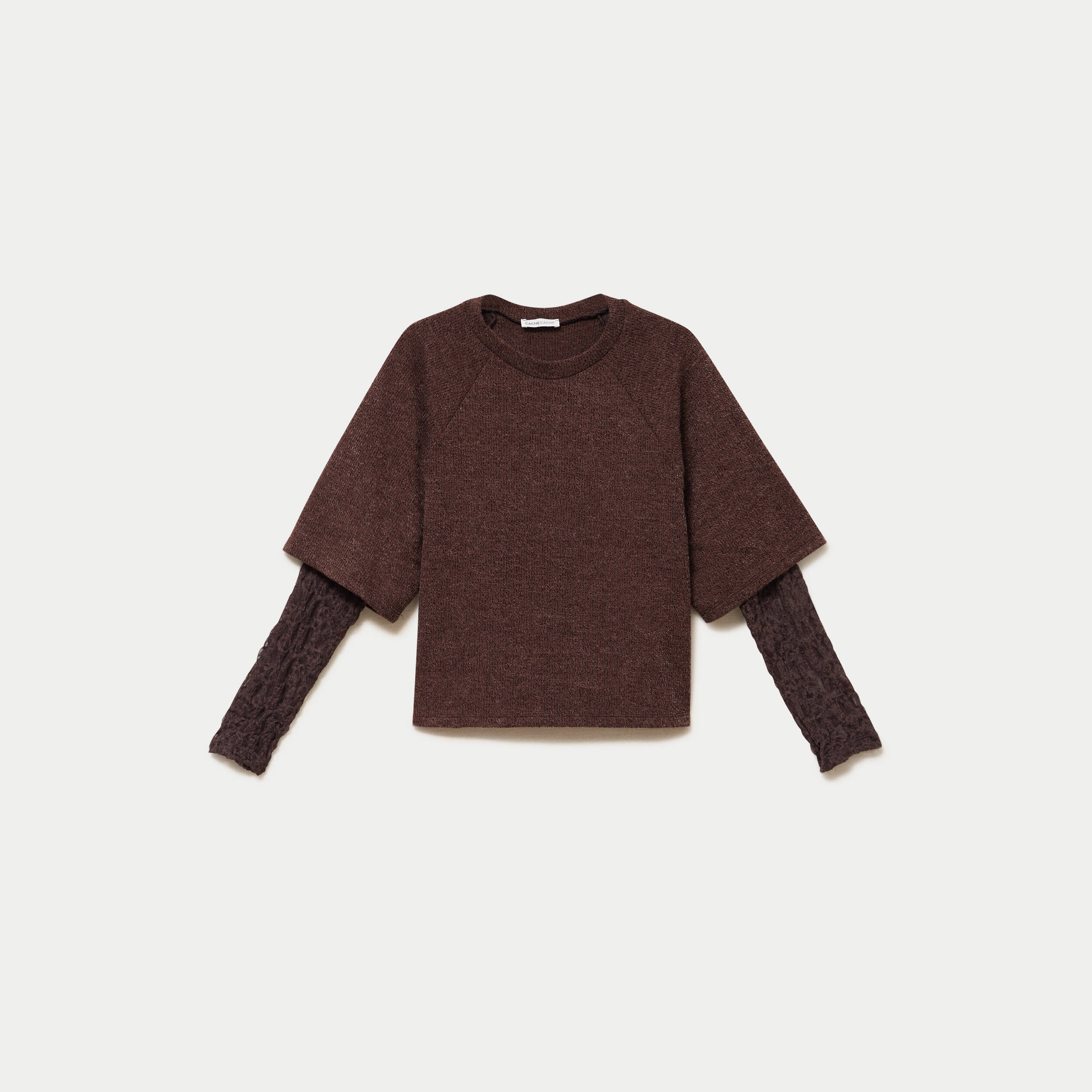 Top bi-mati&egrave;re dentelle col rond marron fonc&eacute; femme