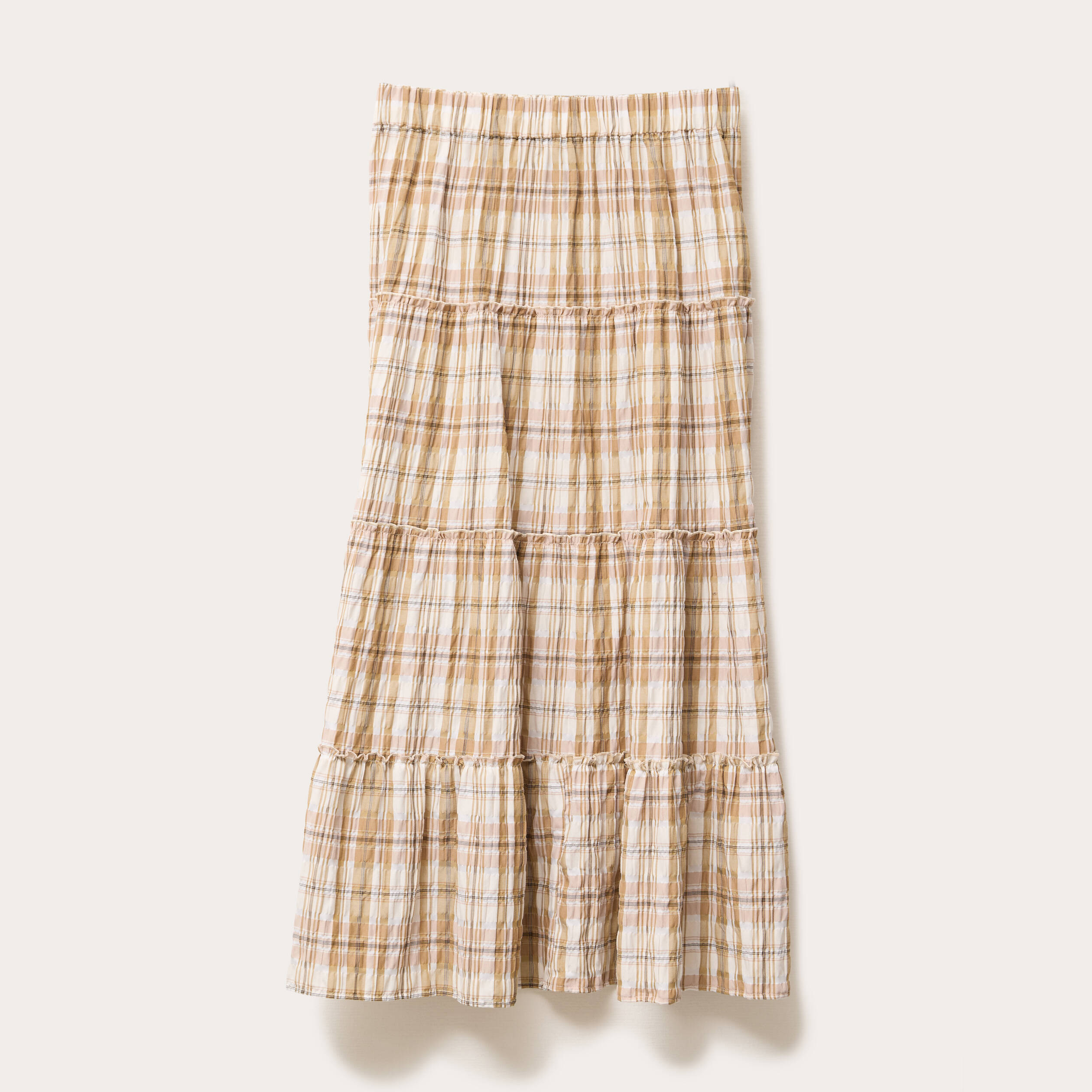 Jupe longue &eacute;vas&eacute;e volants camel femme