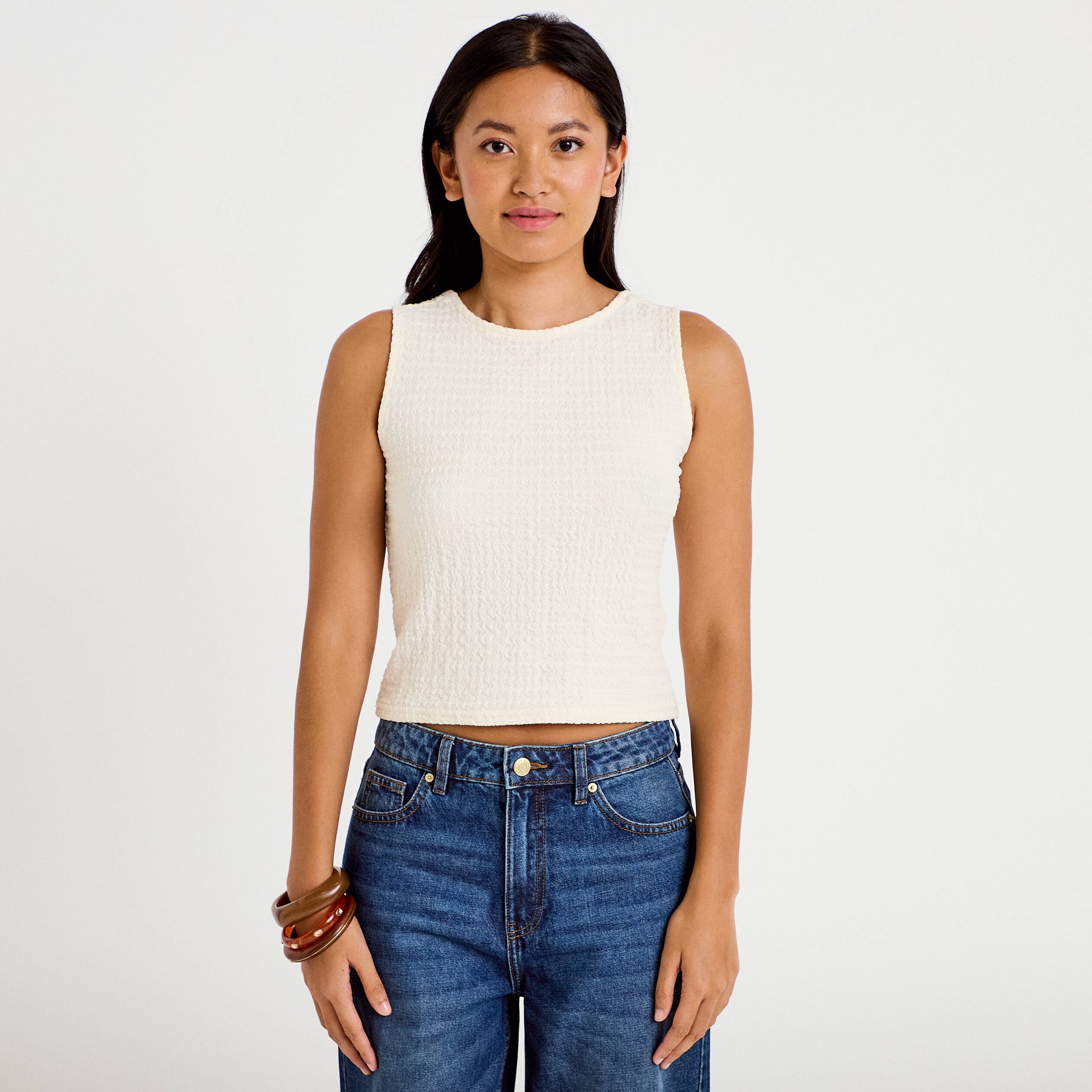 Top pliss&eacute; col rond manches courtes ecru femme