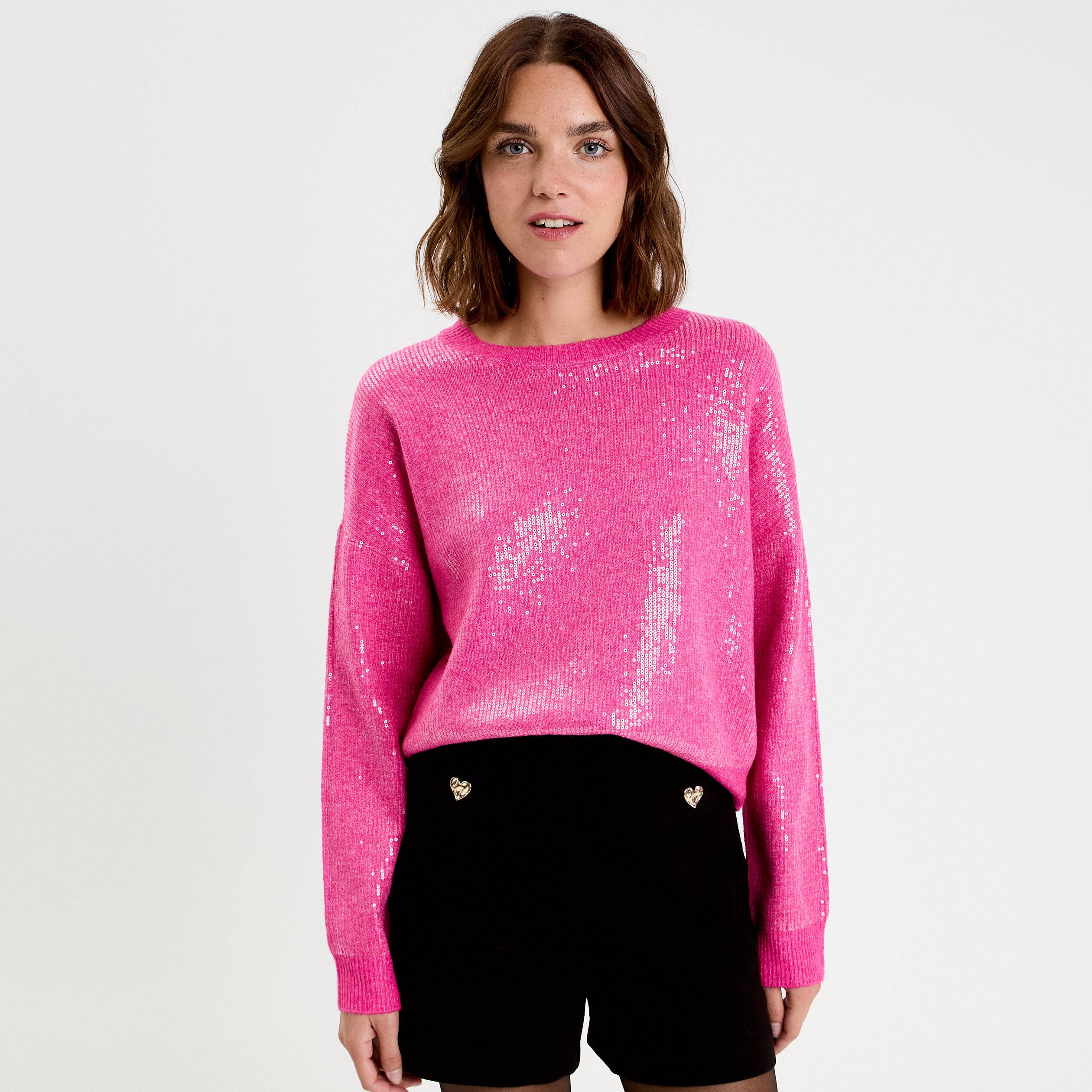 Pull manches longues avec sequins rose fushia femme
