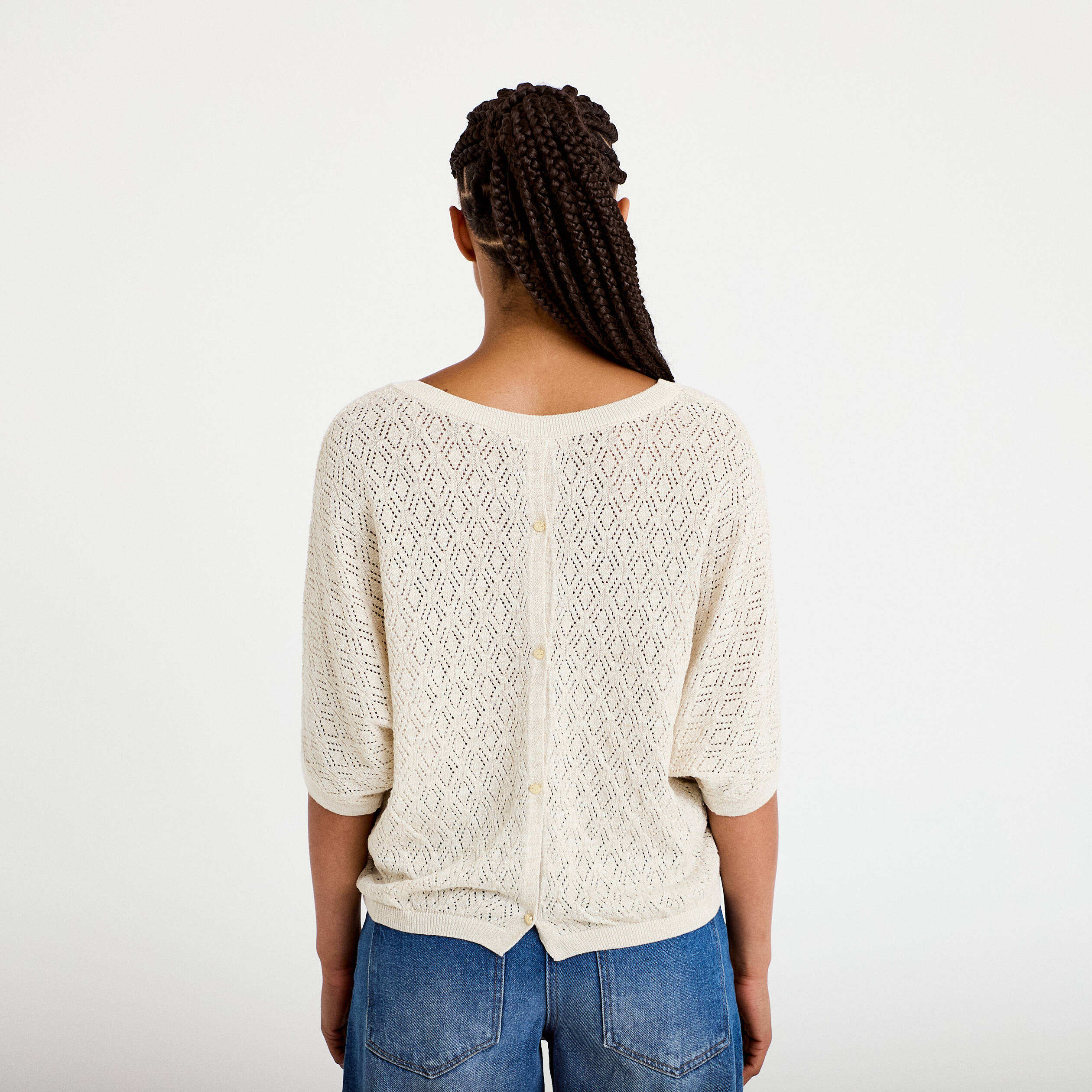 Pull ajour&eacute; col v manches courtes ecru femme