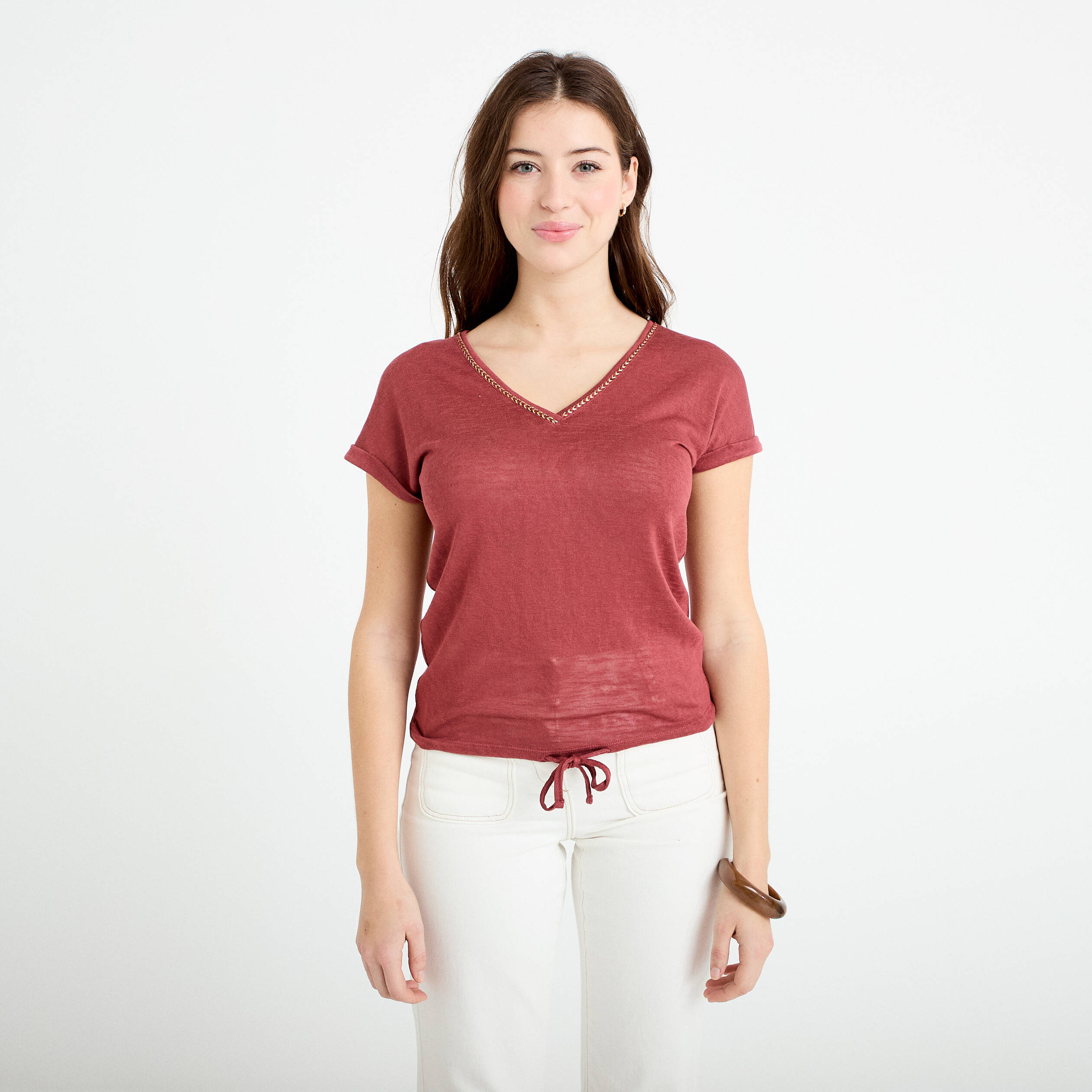 T-shirt d&eacute;tail noeud vieux rose femme