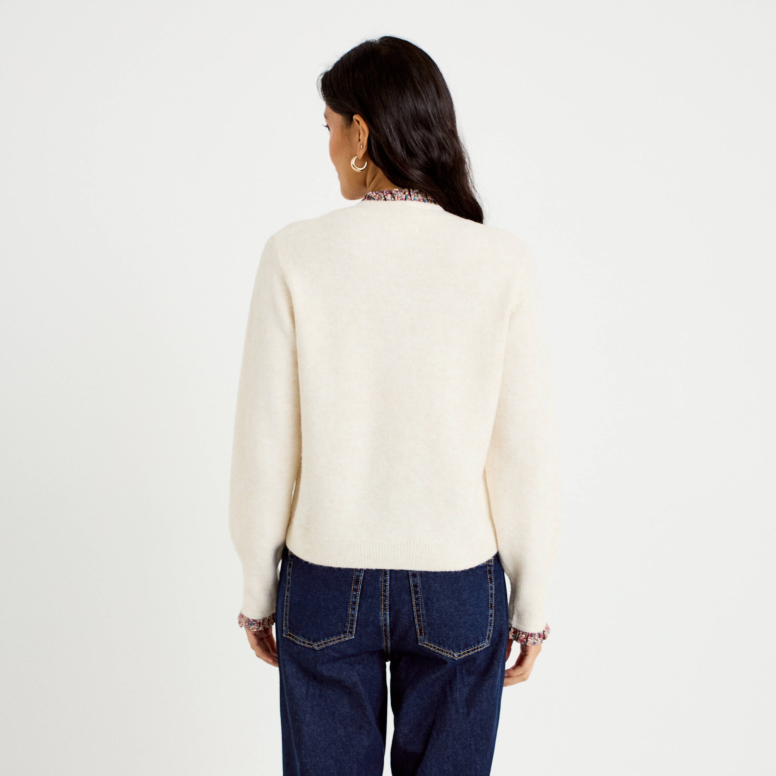 Gilet col rond manches longues ecru femme
