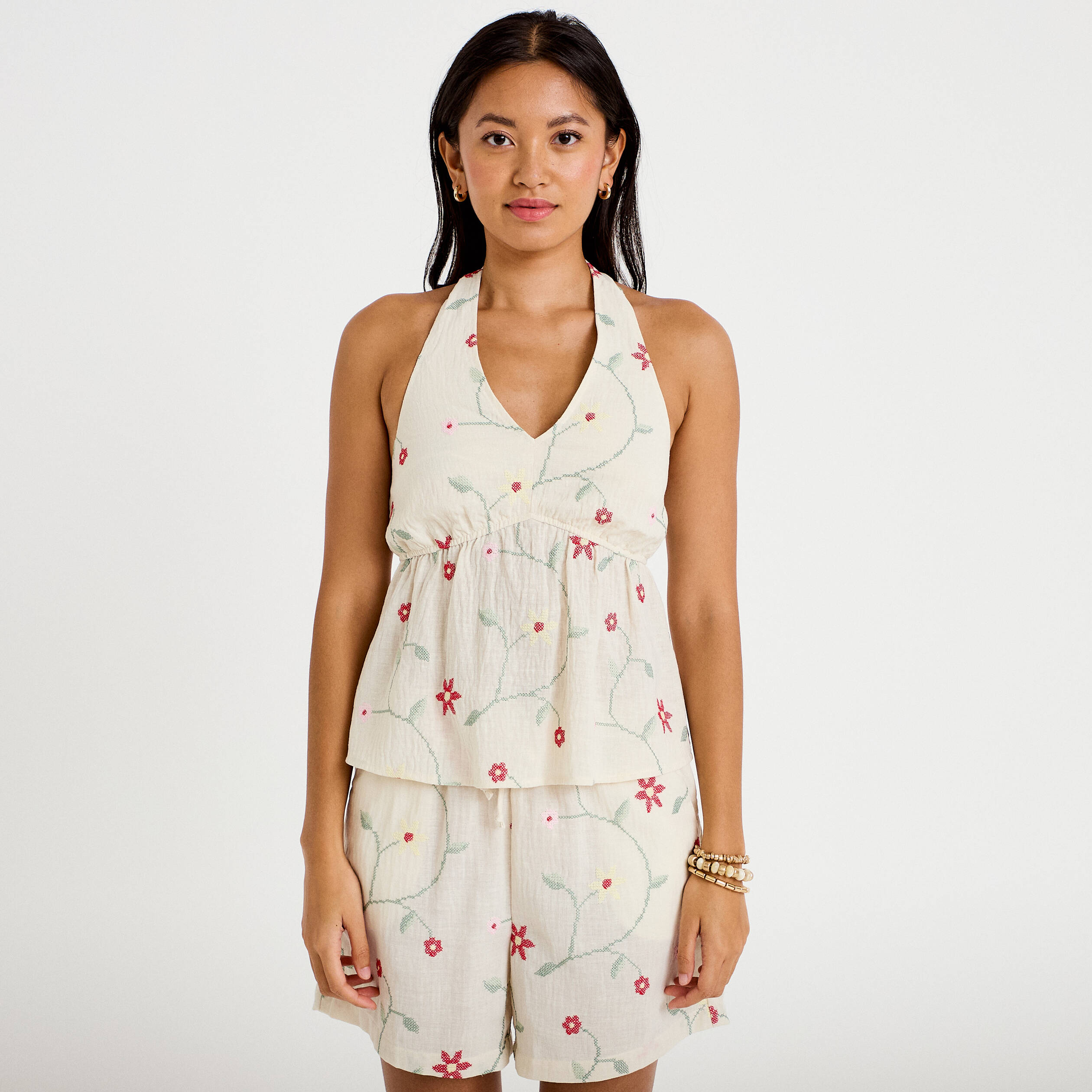 Top dos nu brod&eacute; blanc femme