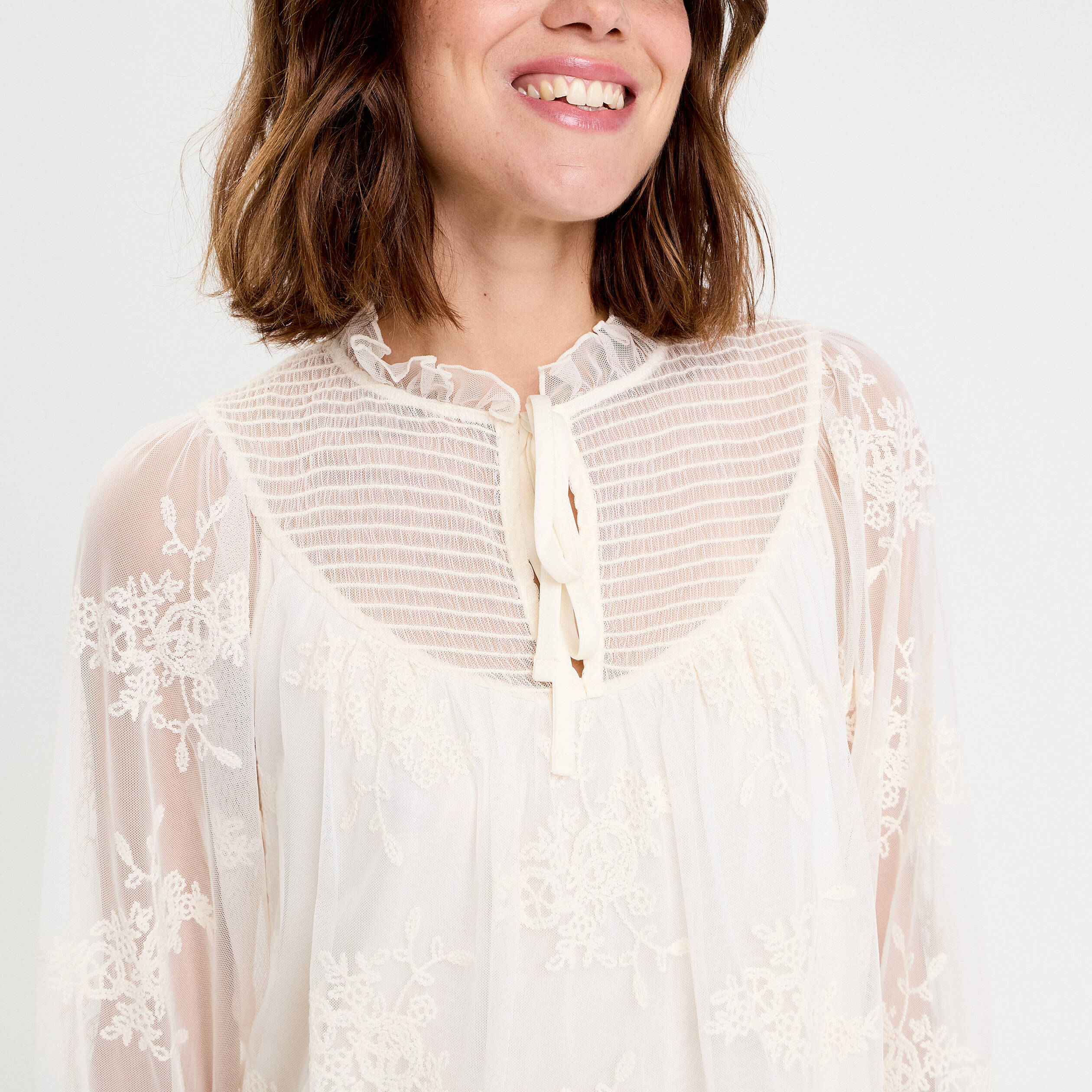 Blouse dentelle manches longues ecru femme
