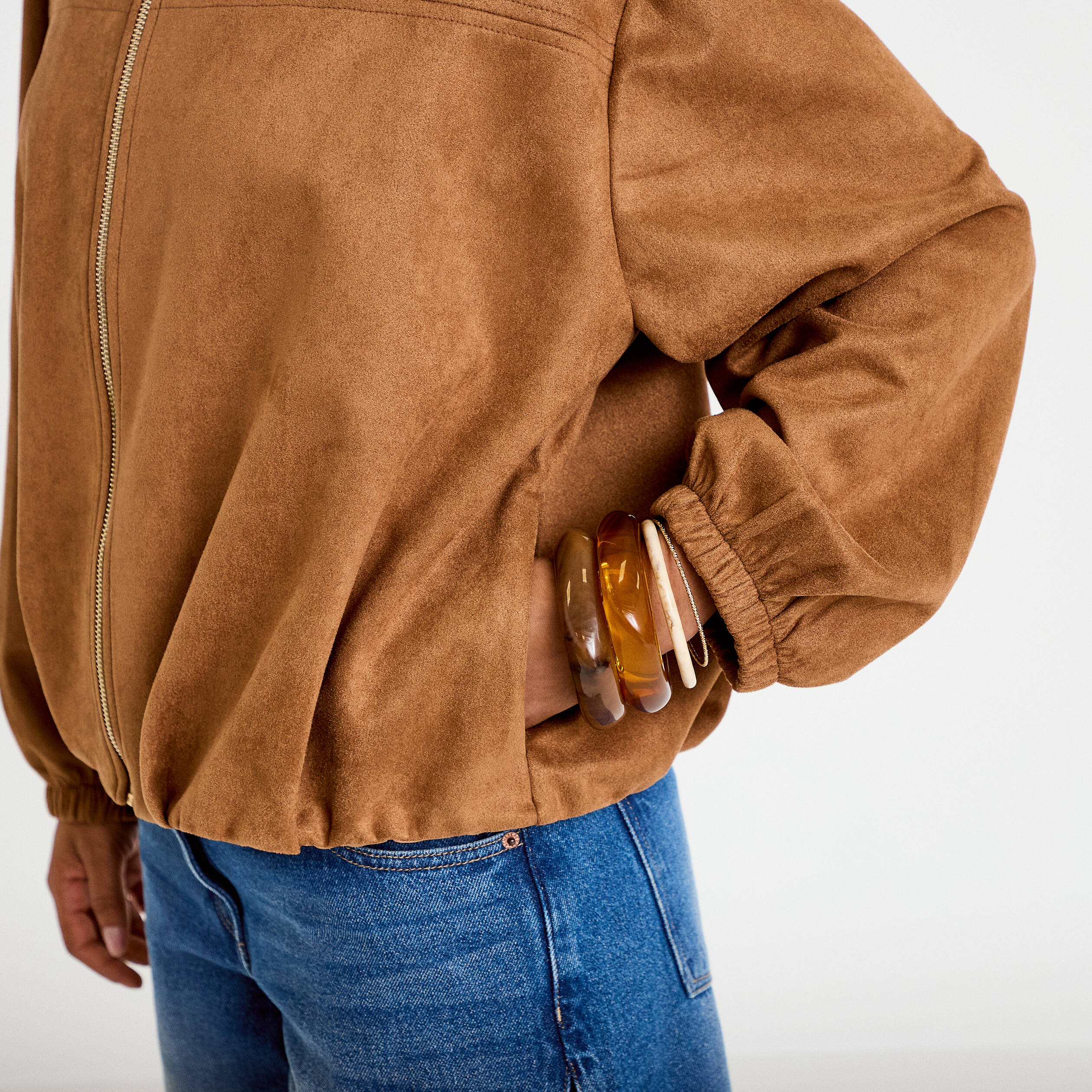 Veste oversize effet boule aspect daim camel femme