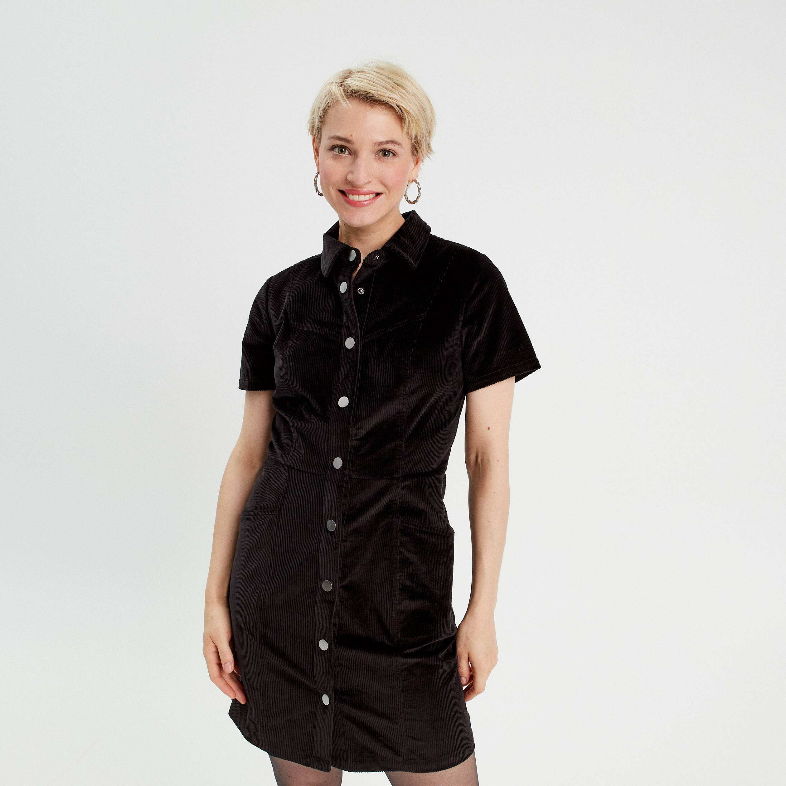 Robe cintr&eacute;e boutonn&eacute;e velours noir femme