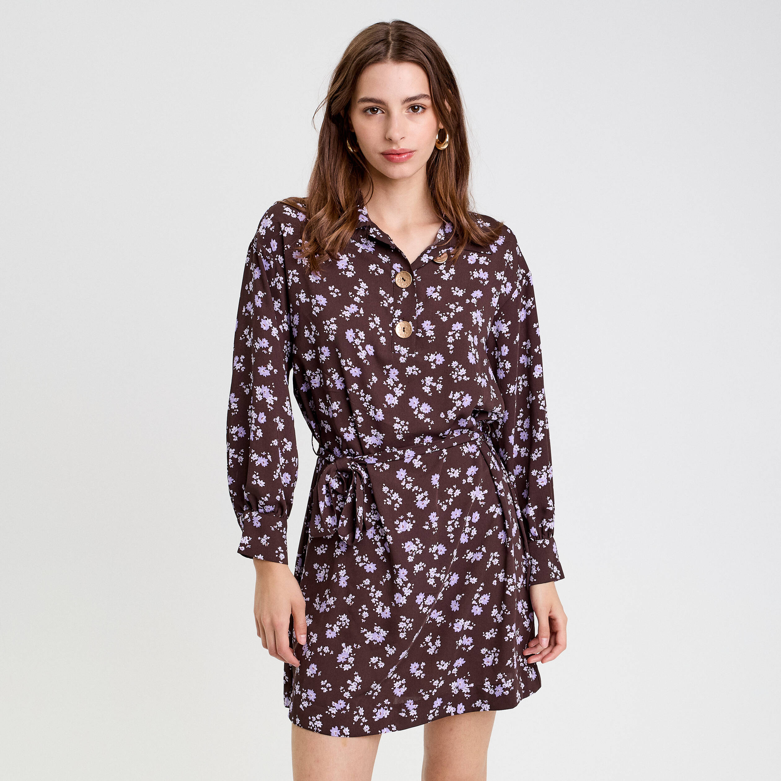 Robe courte droite col chemise marron fonc&eacute; femme