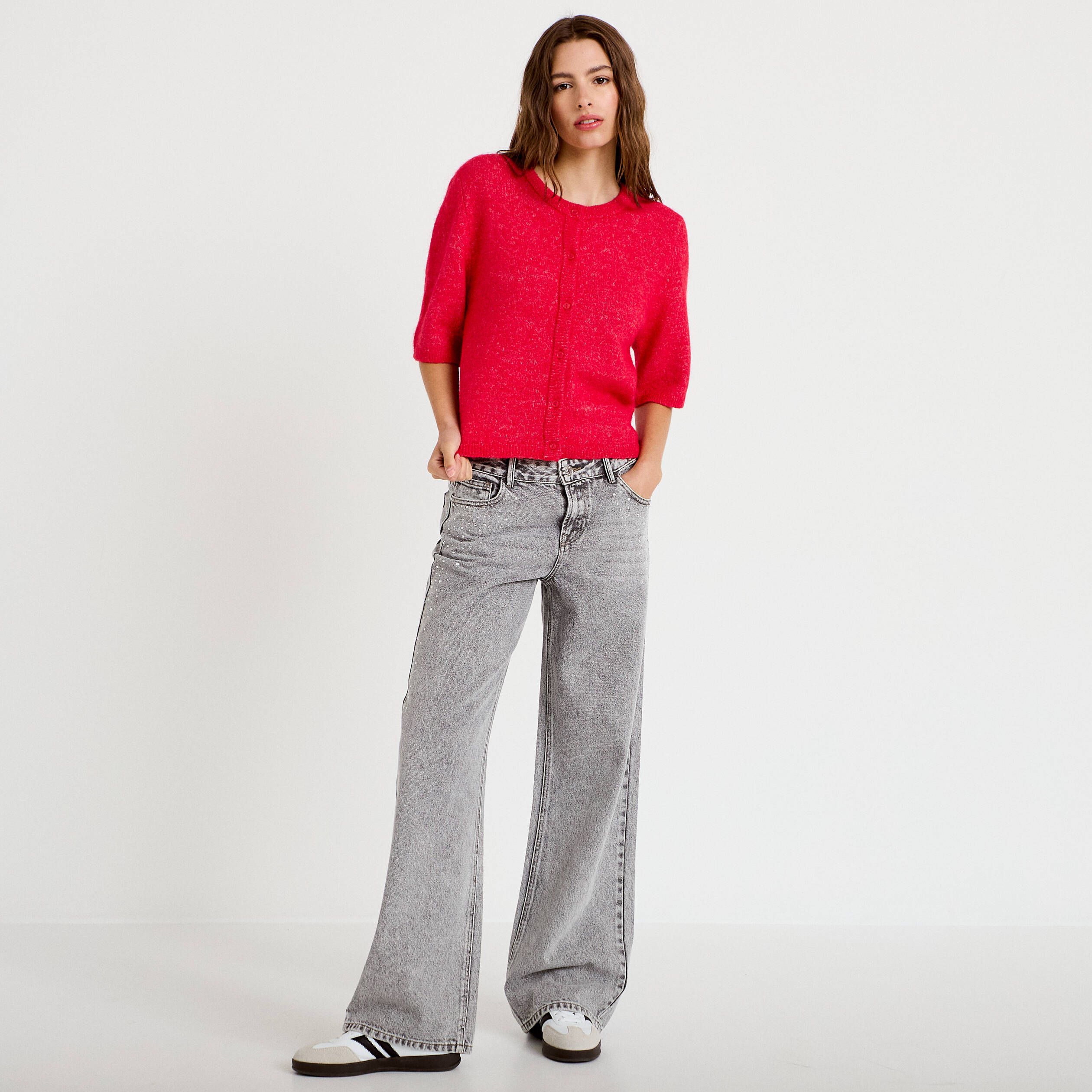 Jean wide leg taille basse strass denim gris femme