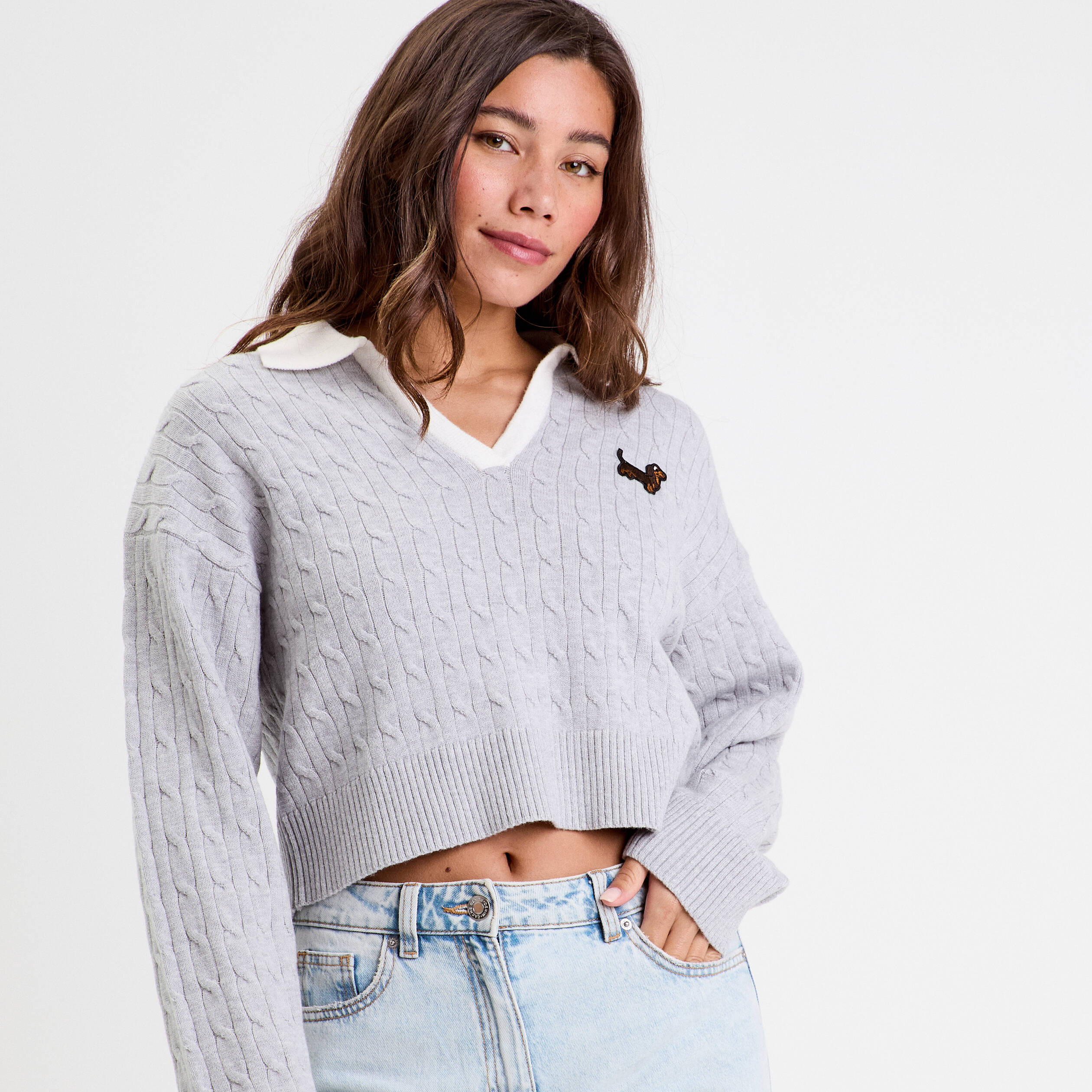 Pull manches longues col polo gris clair femme