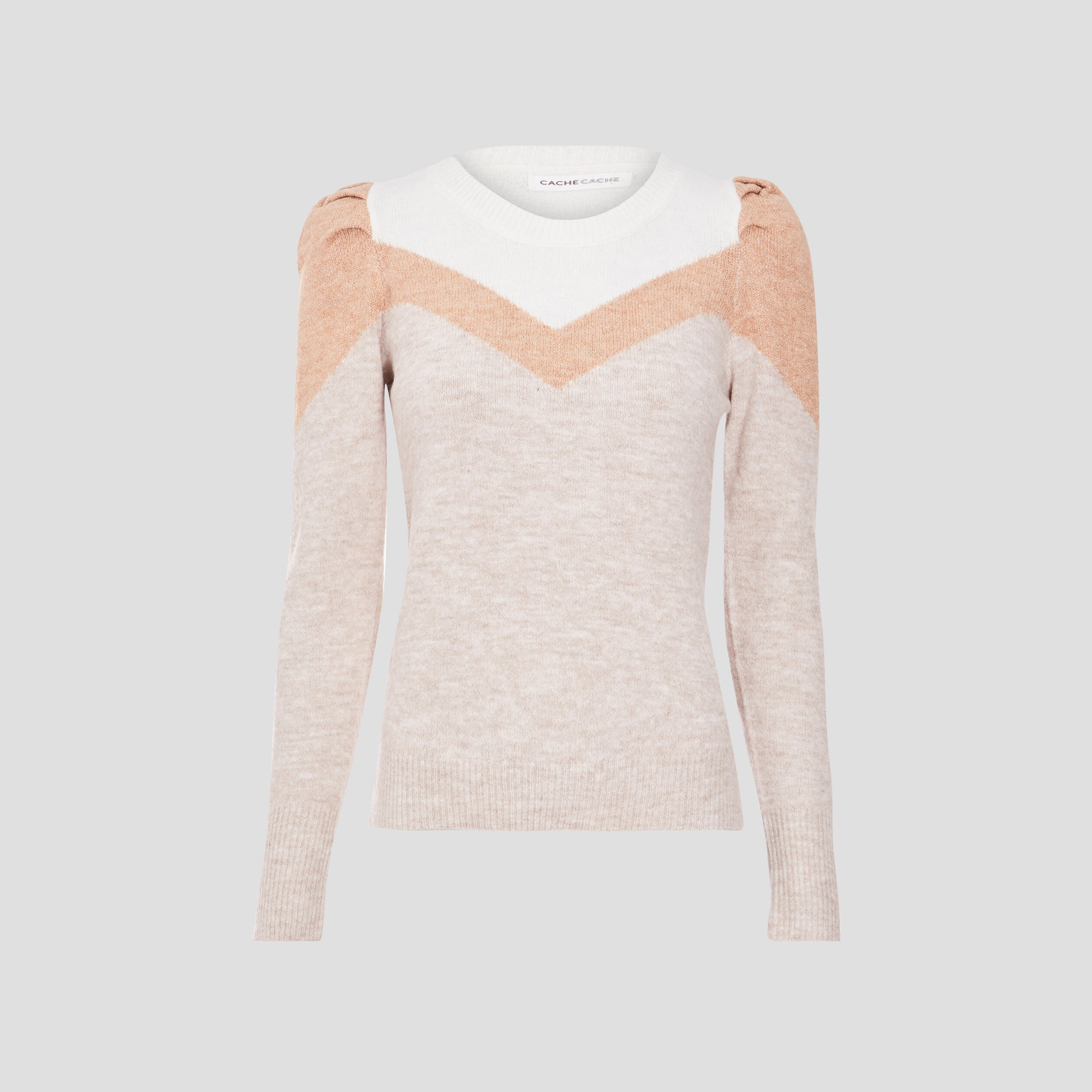 Pull &eacute;paules fronc&eacute;es sable femme