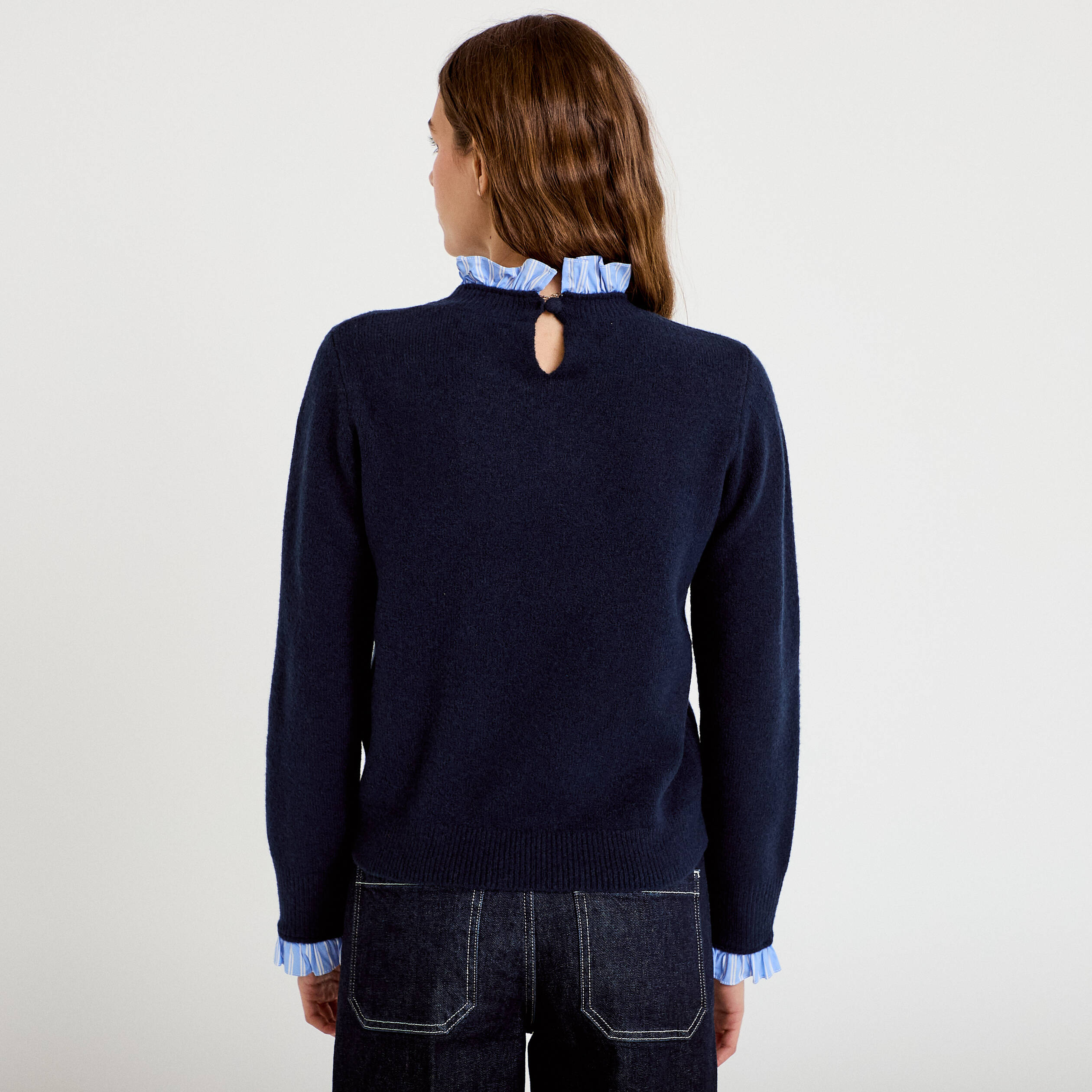 Pull col chemise manches longues bleu marine femme