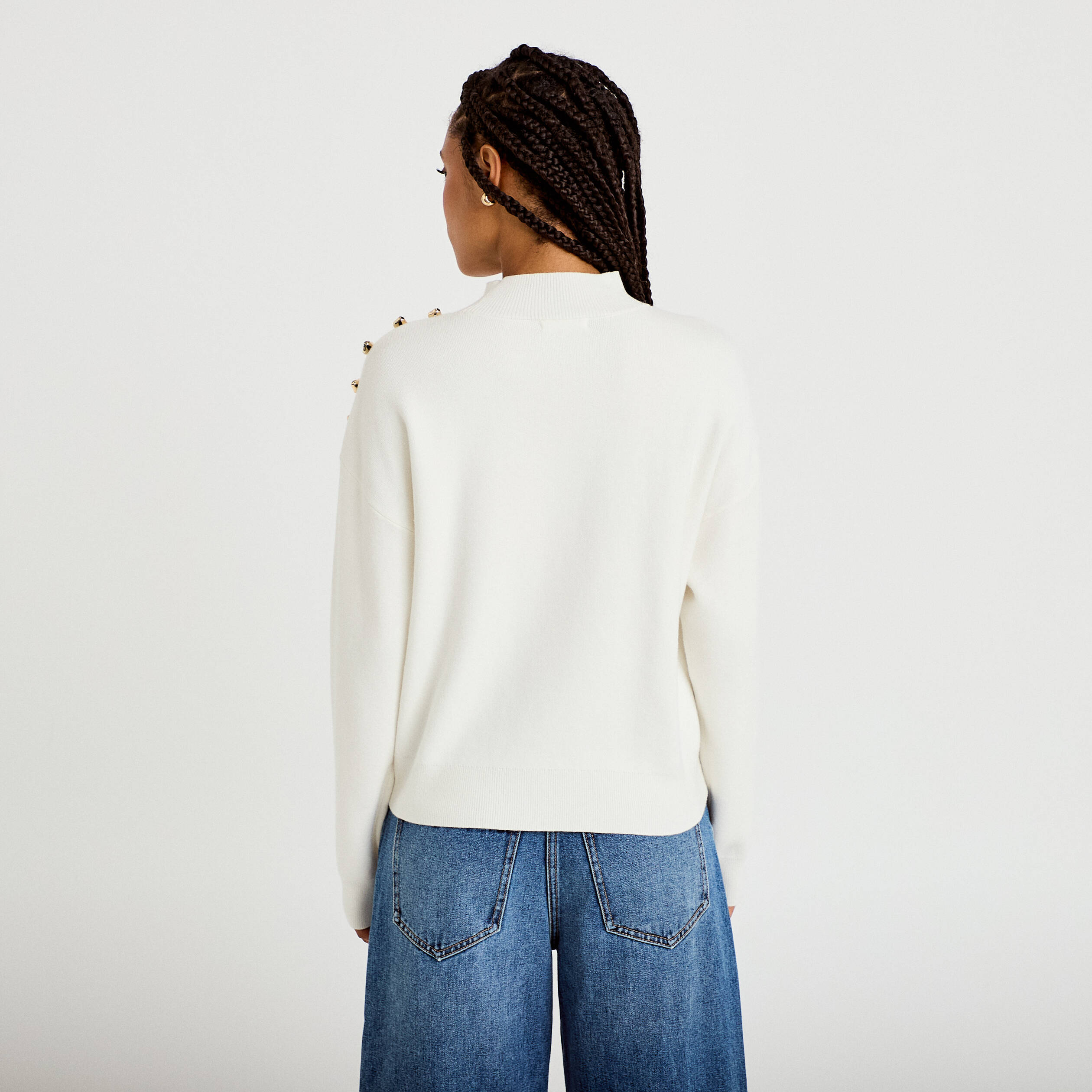 Pull col montant manches longues ecru femme