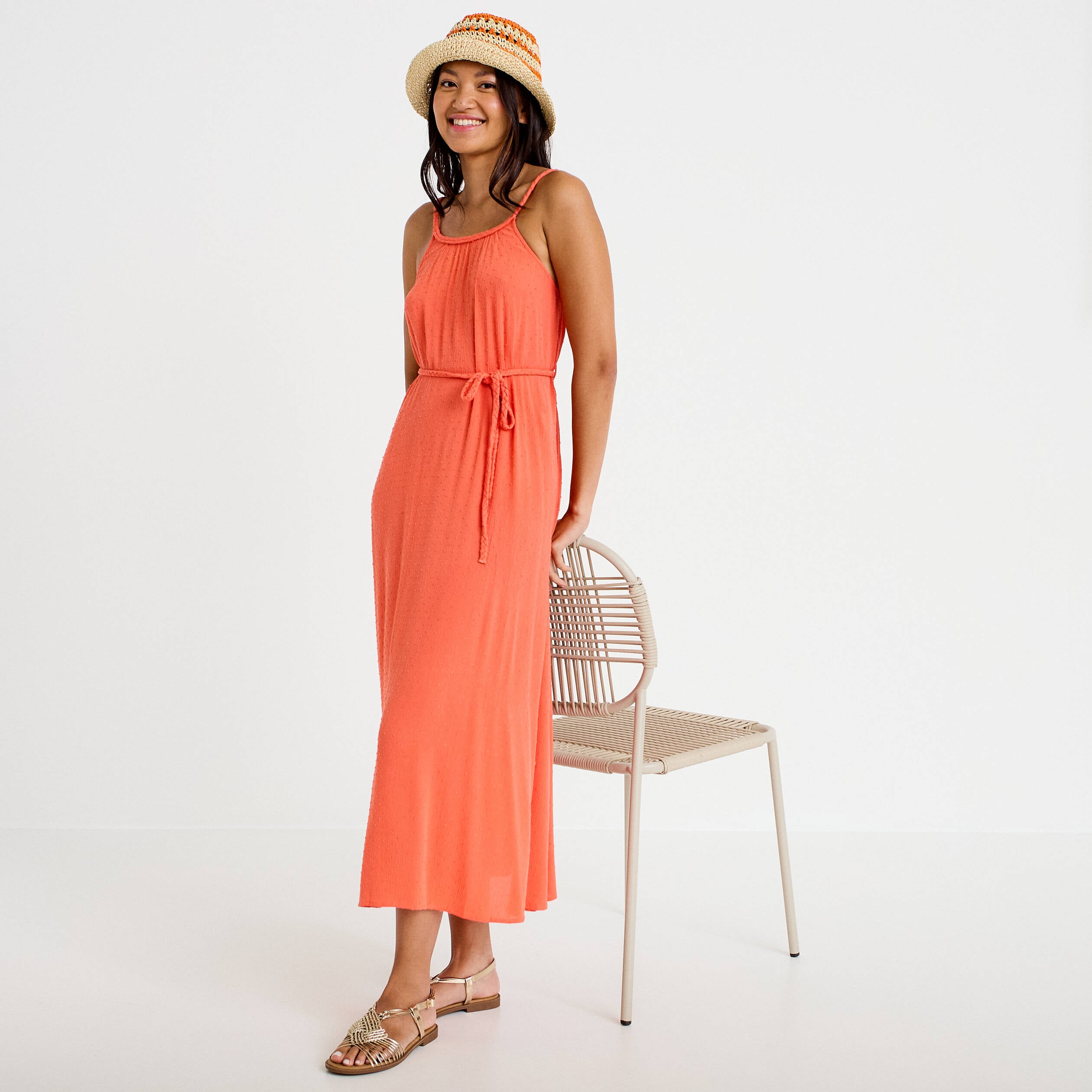 Robe longue &eacute;vas&eacute;e sans manches rouge corail femme