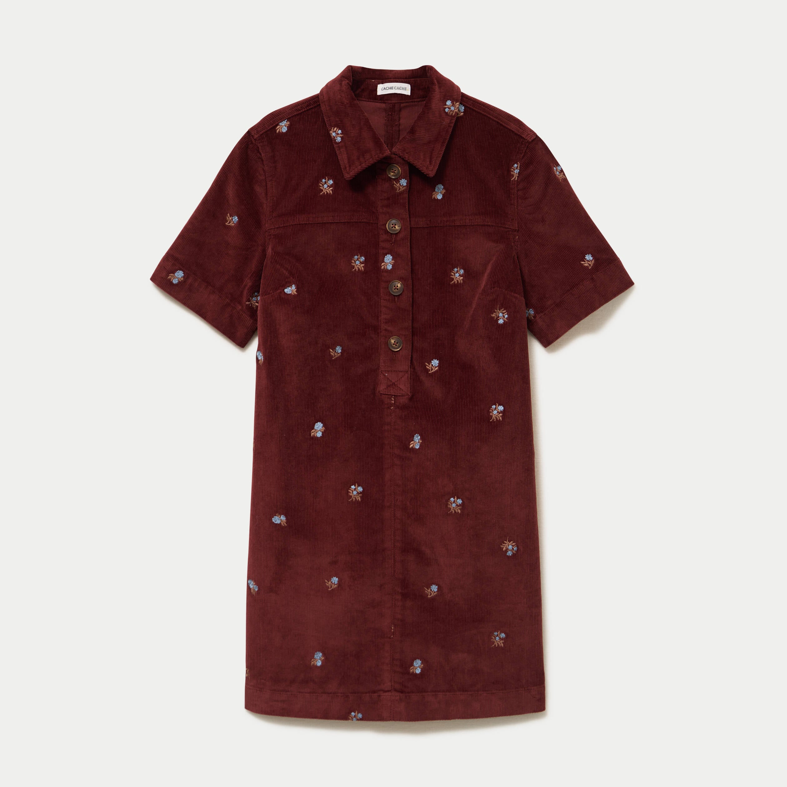 Robe droite courte en velours brod&eacute; marron femme