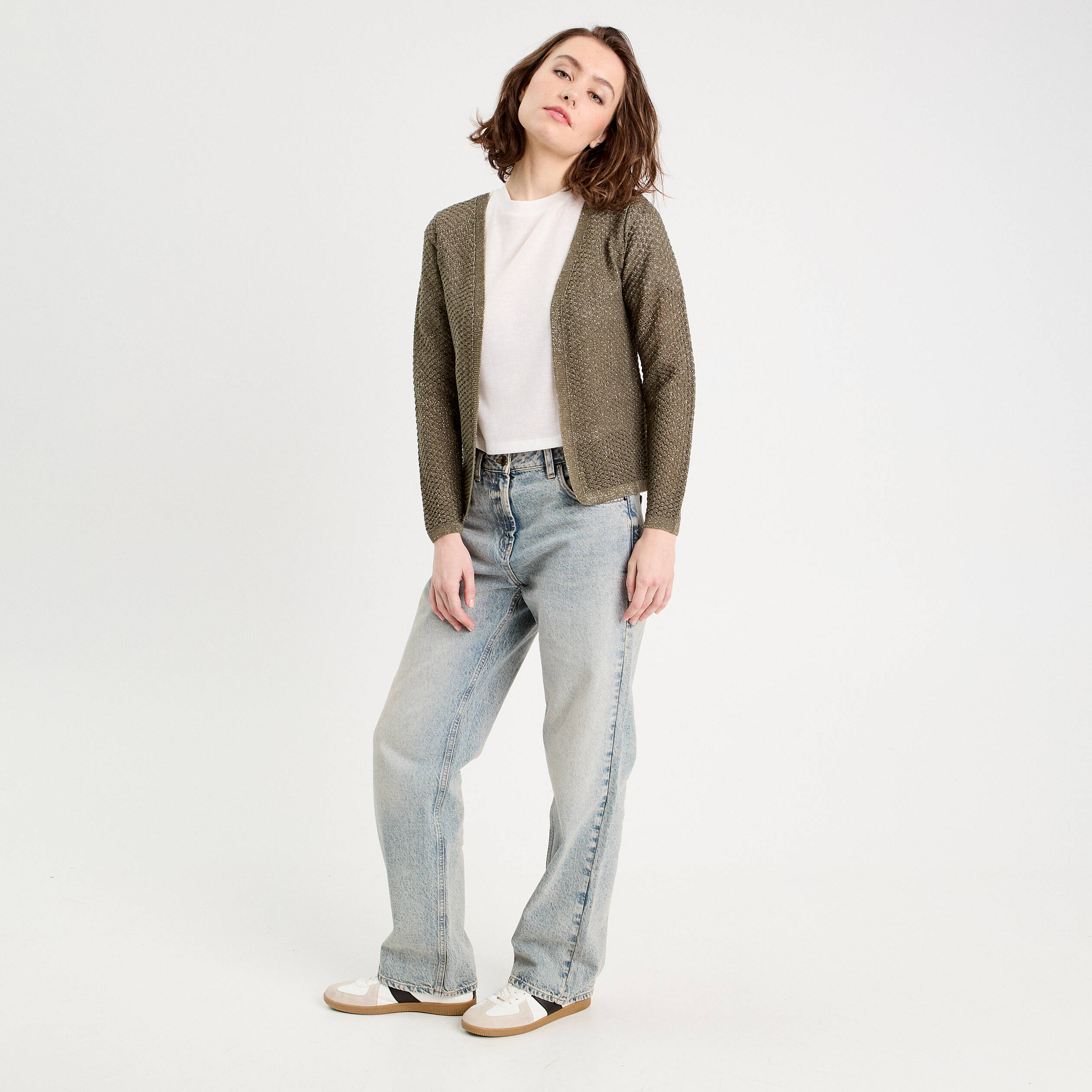 Gilet manches longues ajour&eacute; vert kaki femme