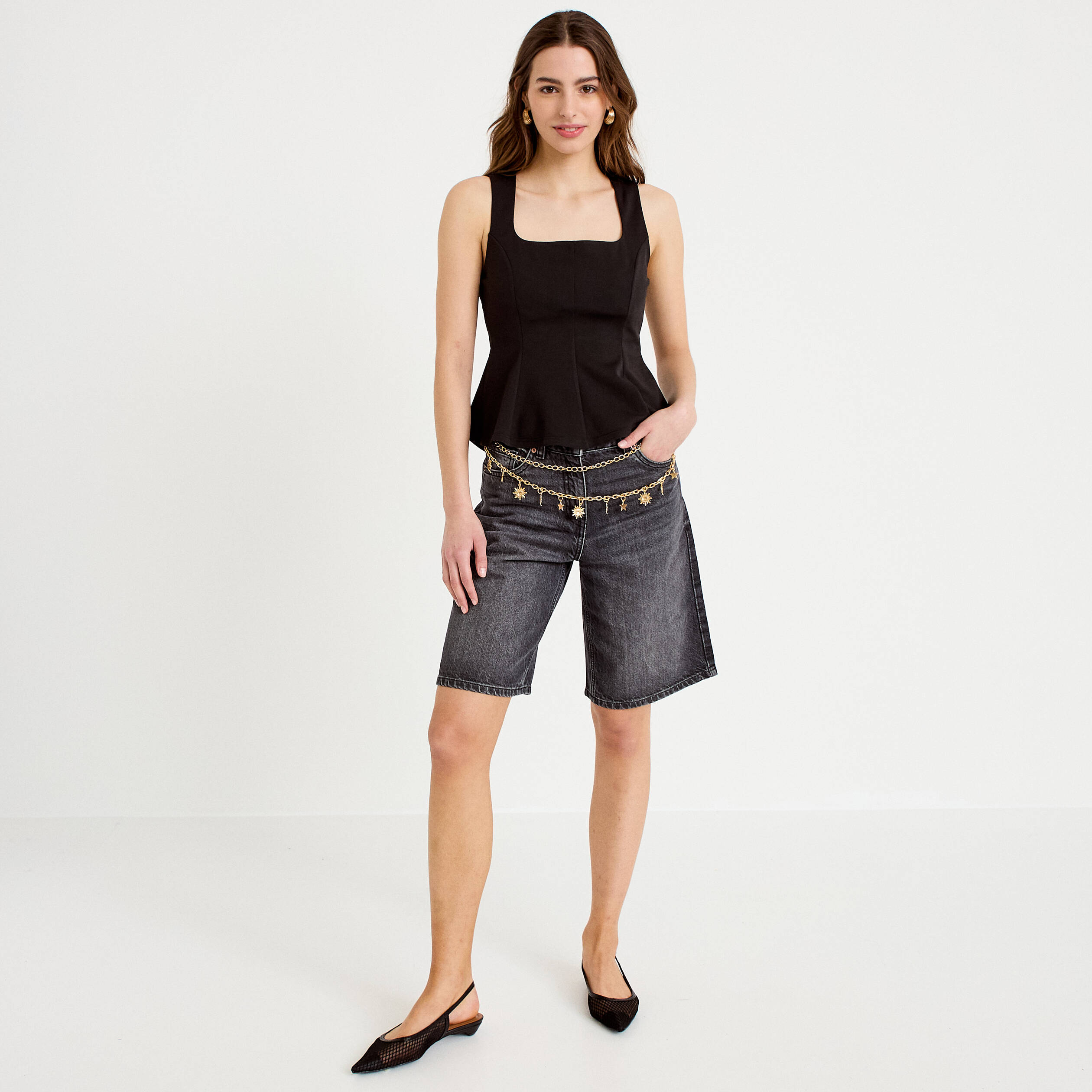 Top cintr&eacute; col carr&eacute; sans manches noir femme