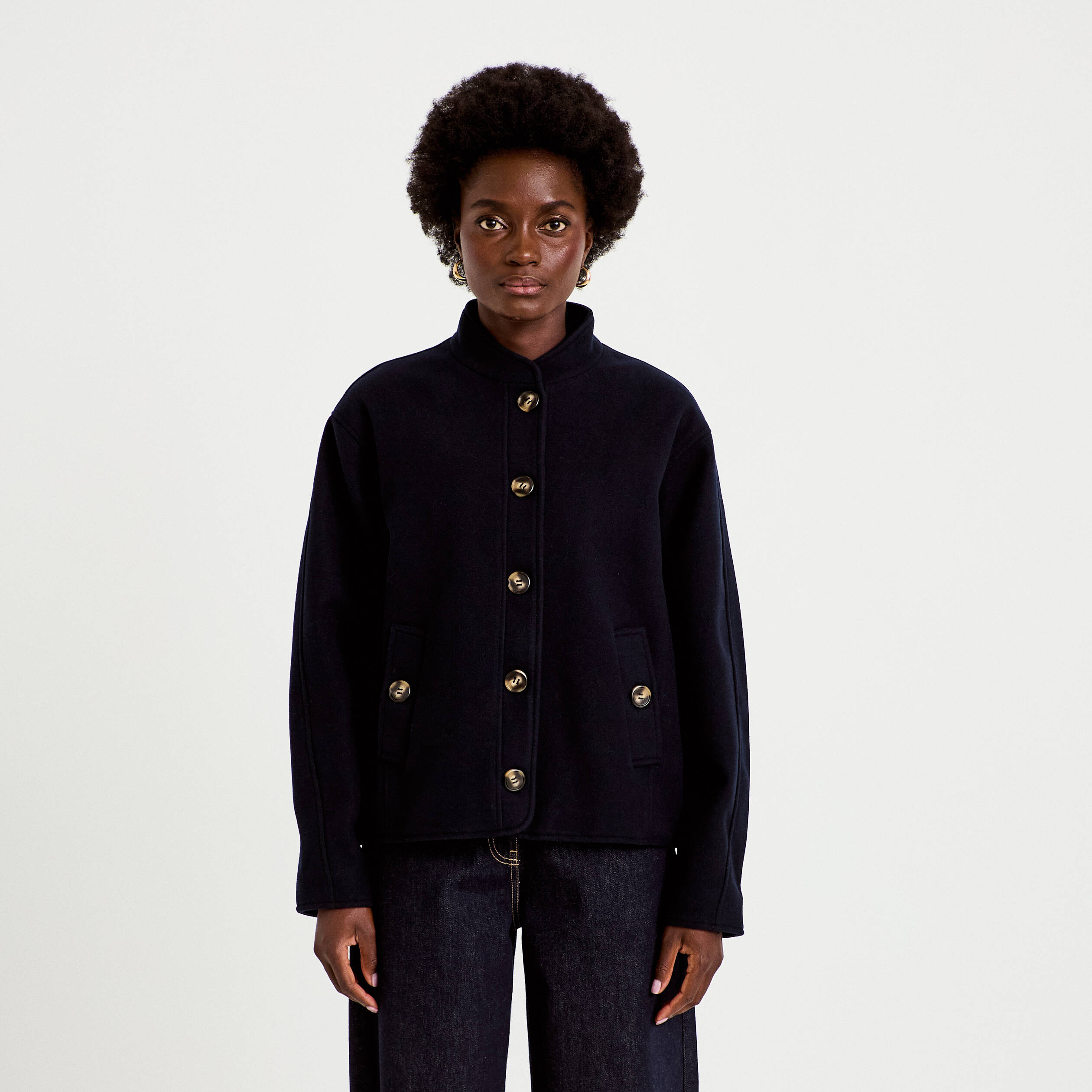 Veste droite col mao manches longues bleu marine femme