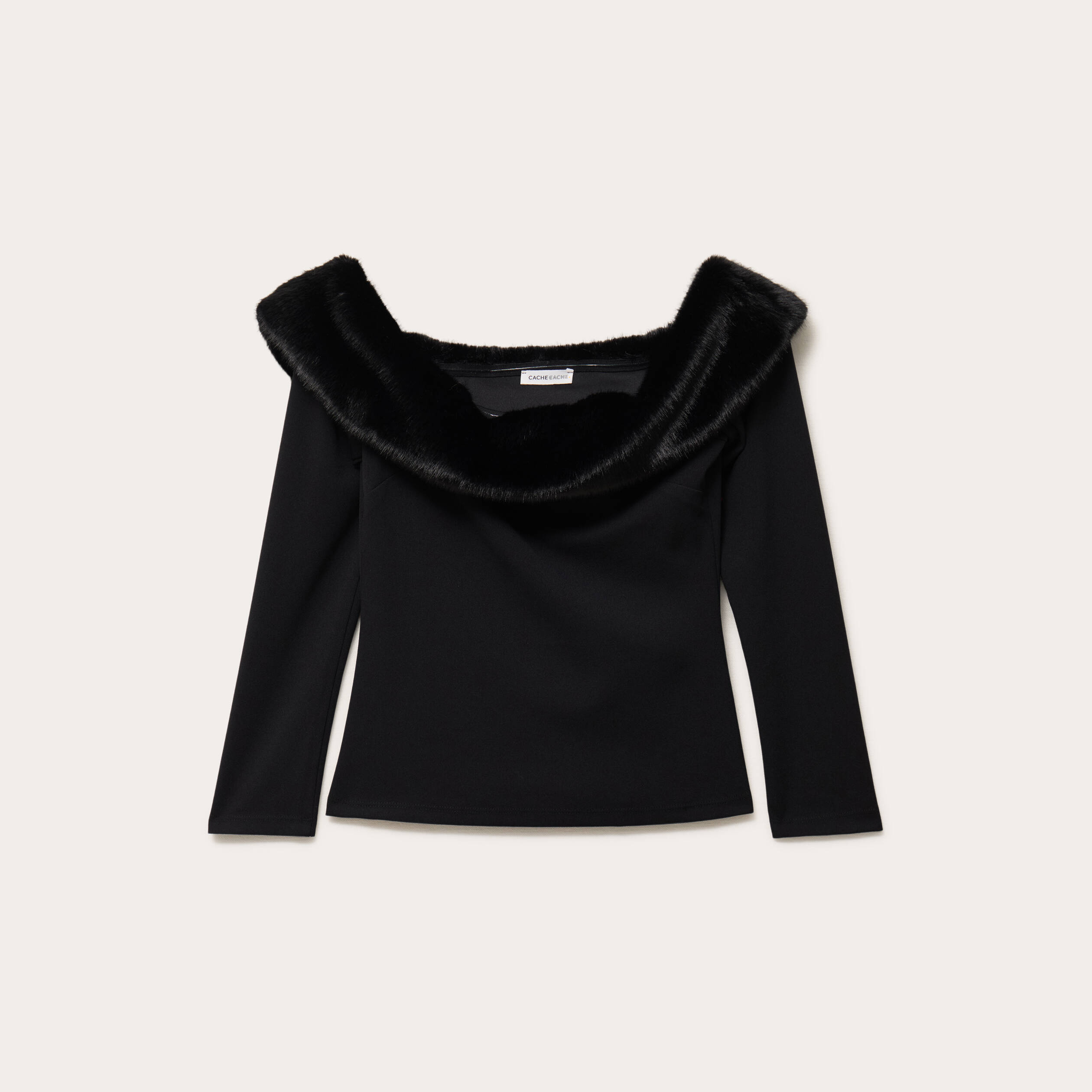 T-shirt col bardot fausse fourrure noir femme