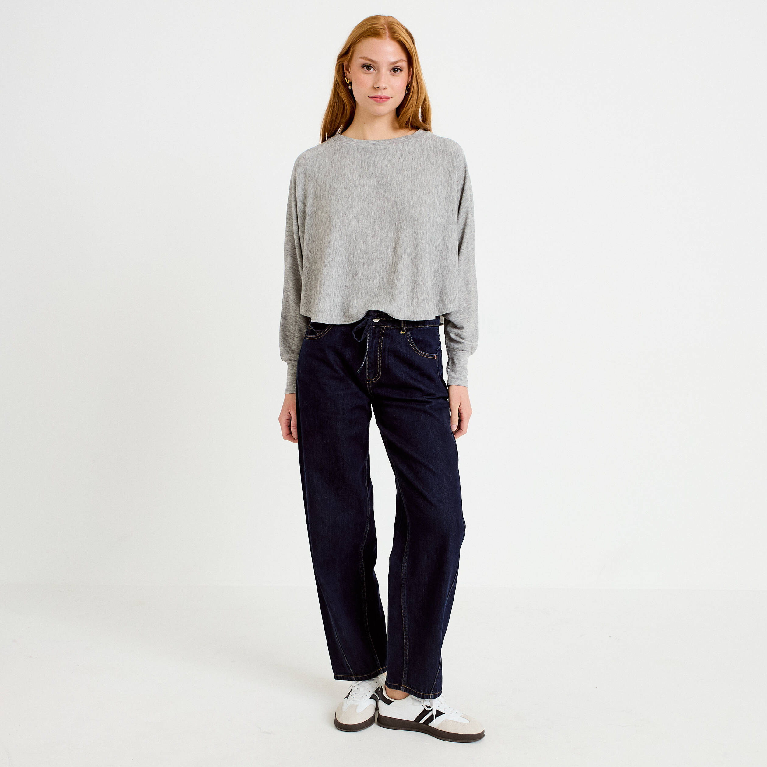 Cape boyfriend cropped col rond gris clair femme