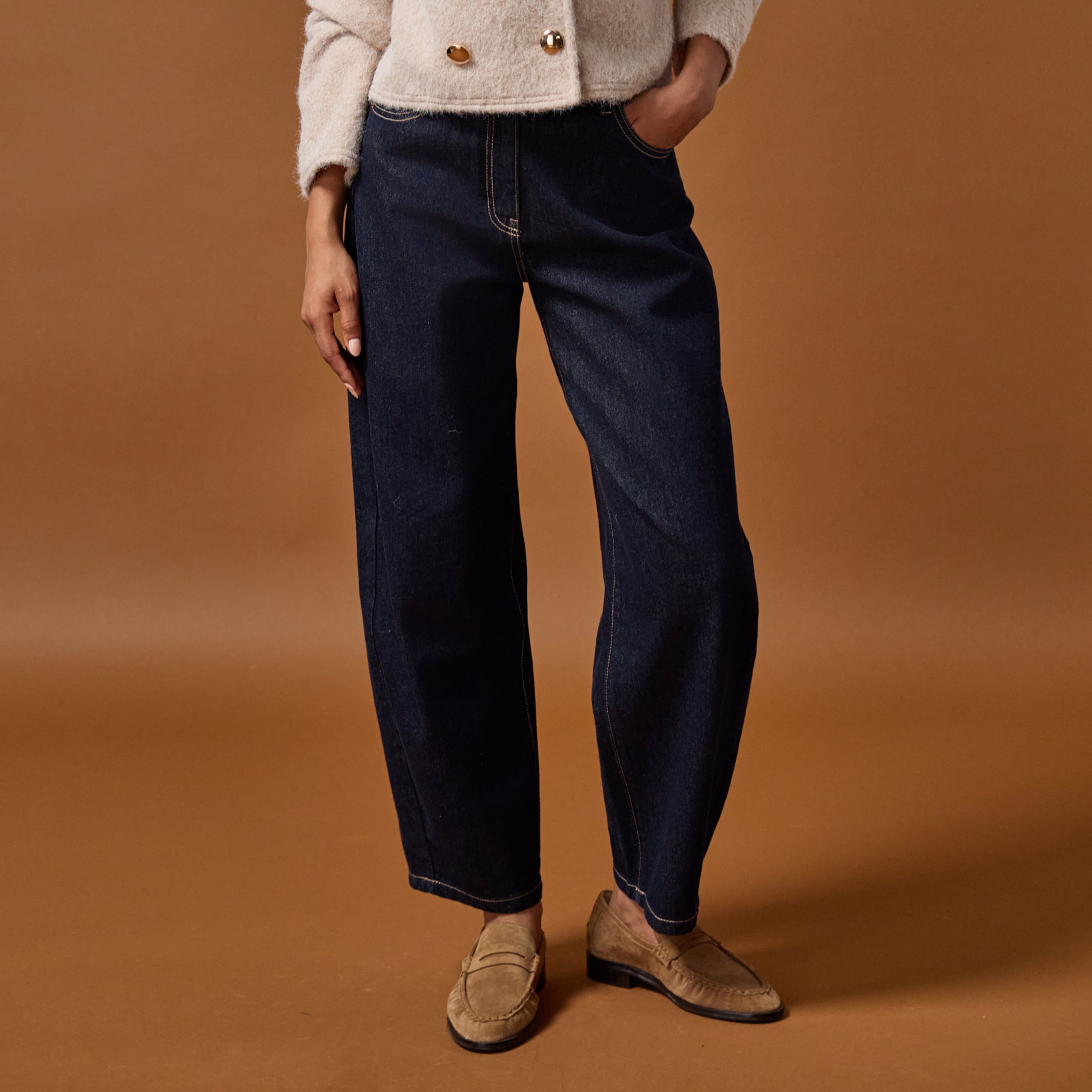 Jean barrel cropped taille standard denim brut femme
