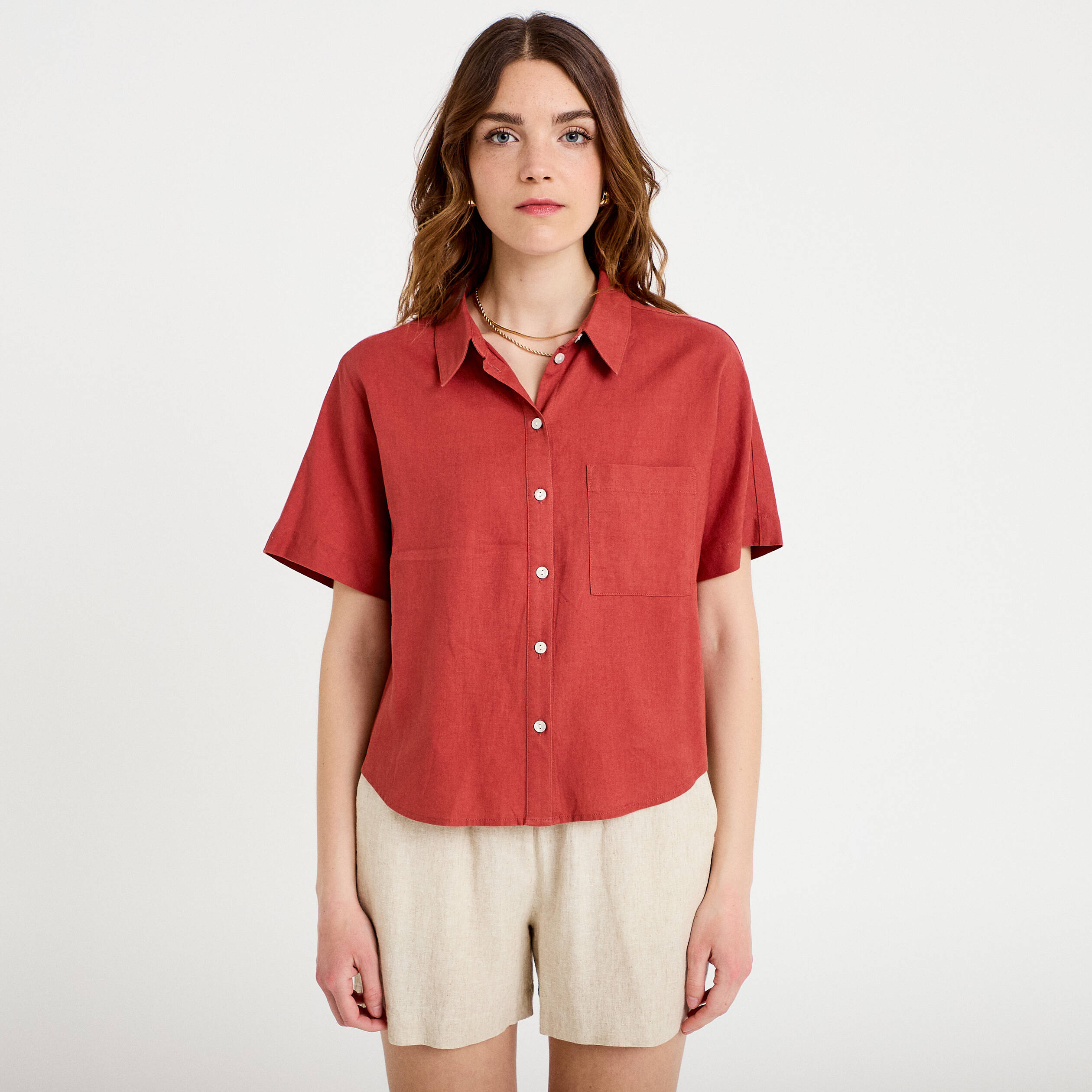 Chemise droite courte col classique vieux rose femme