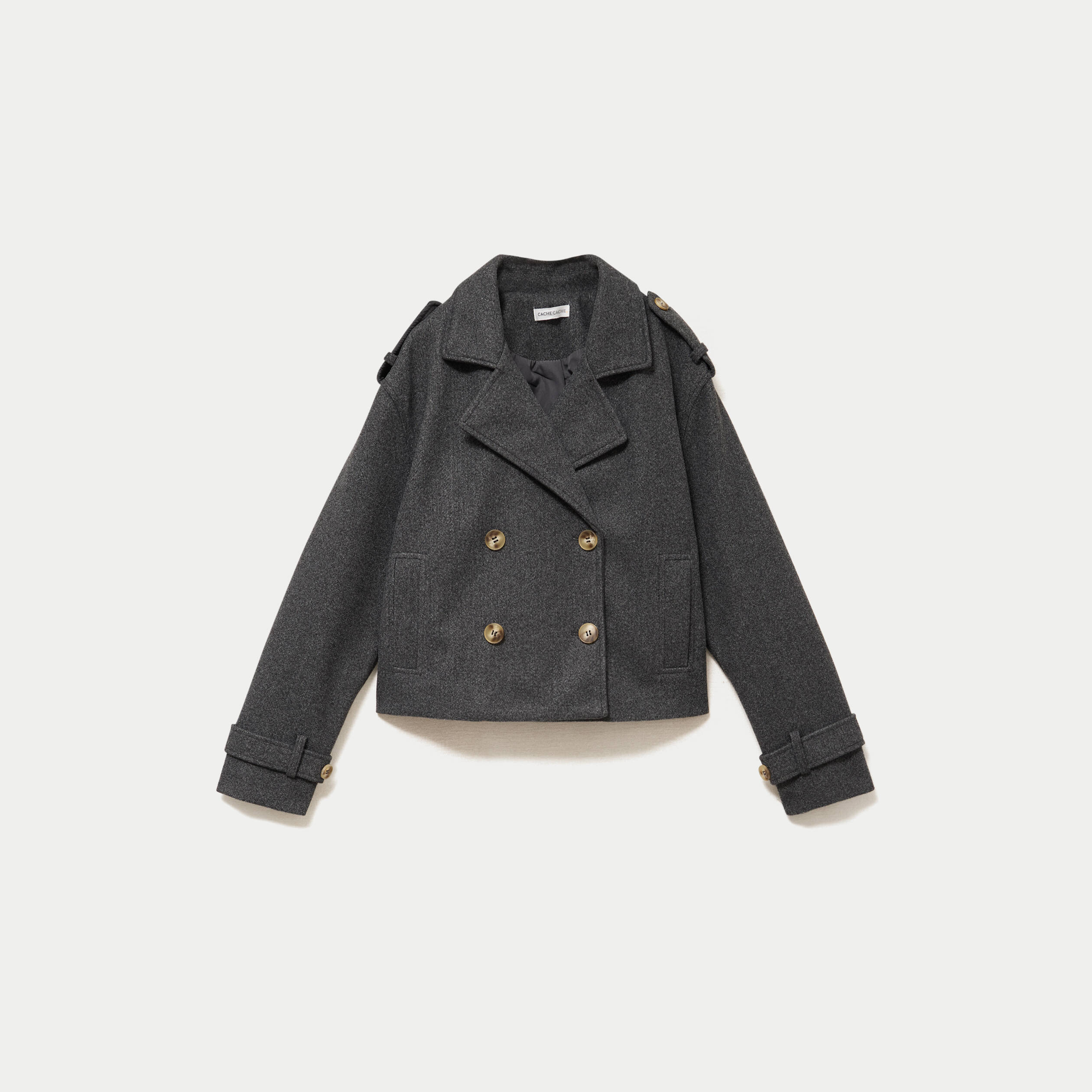 Trench court boutonn&eacute; gris femme