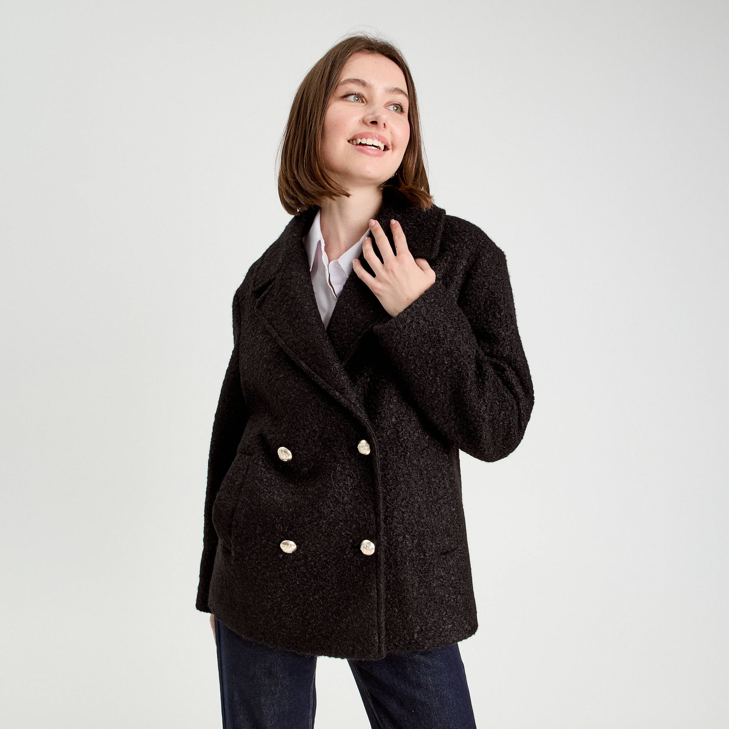 Manteau bouclette boutonn&eacute; noir femme