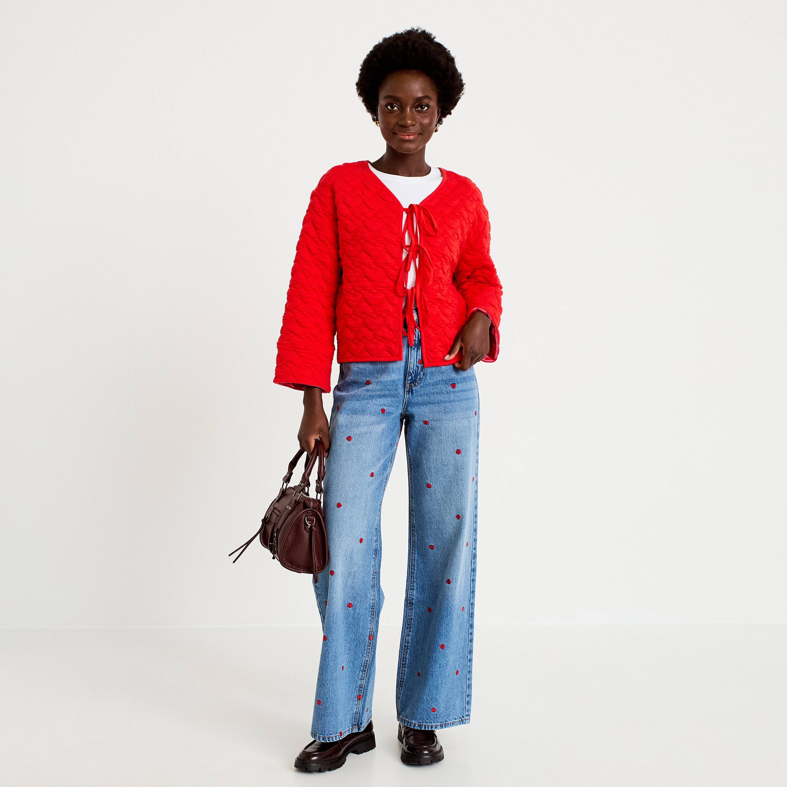 Gilet droit col v manches longues rouge femme