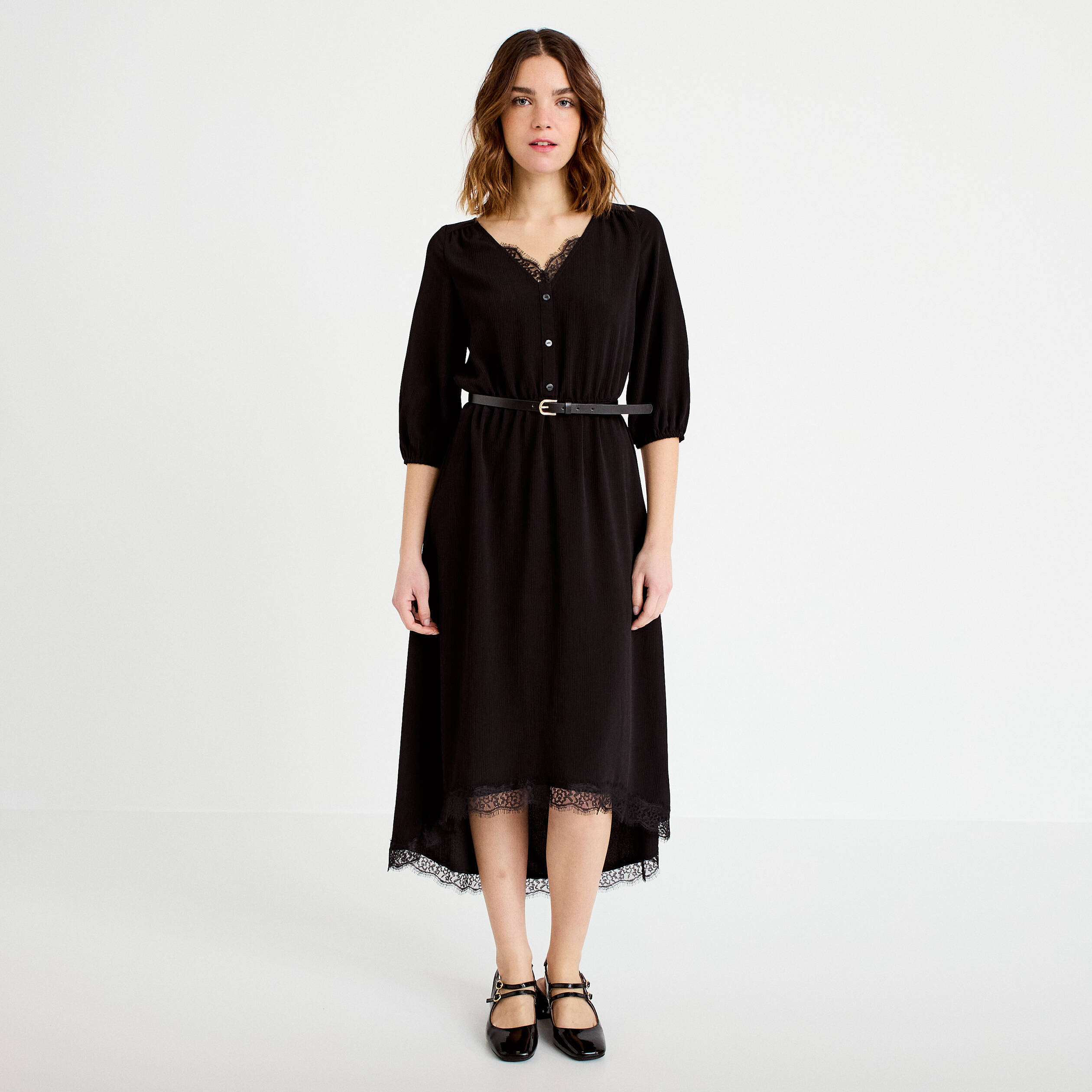 Robe longue &eacute;vas&eacute;e col v dentelle noir femme