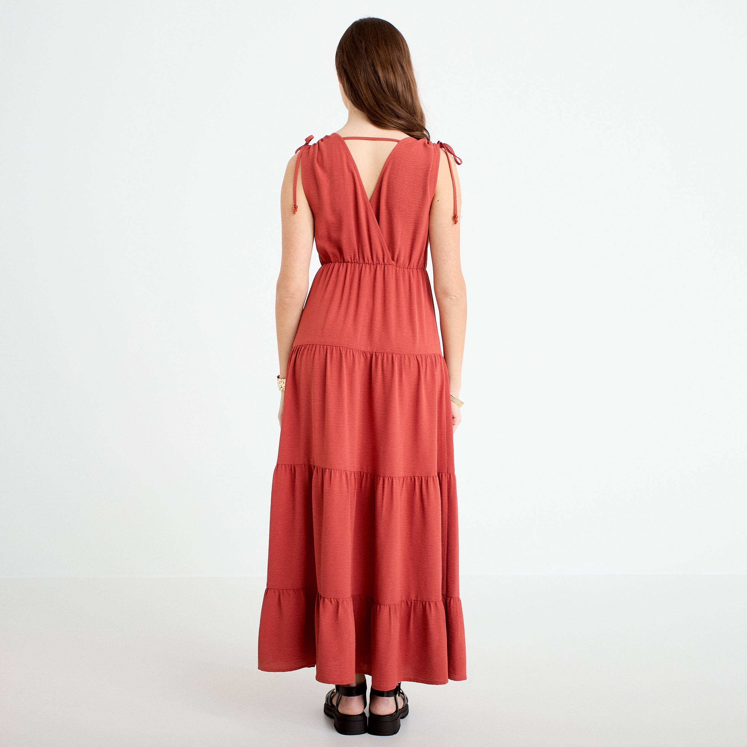 Robe longue &eacute;vas&eacute;e col V vieux rose femme