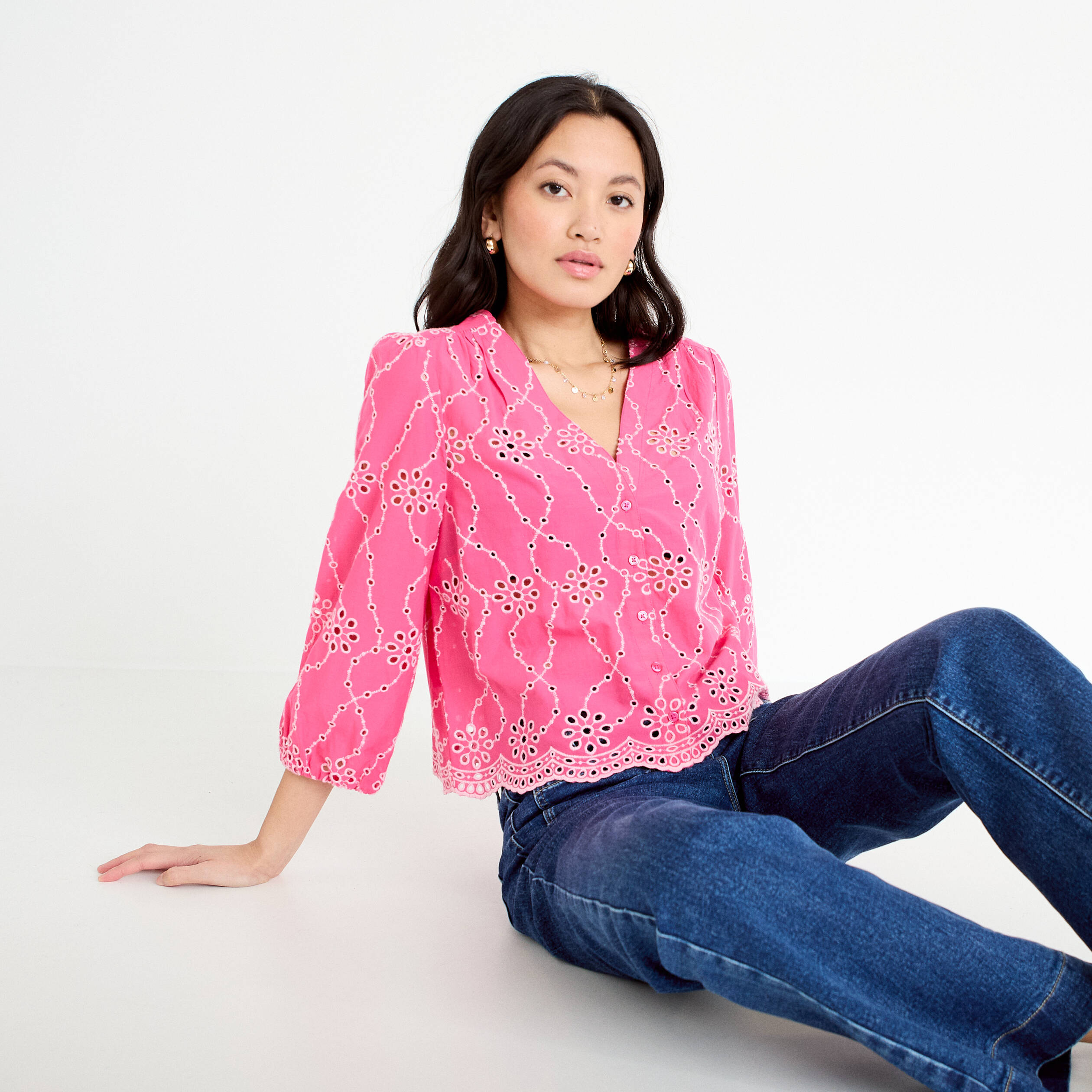 Blouse broderie anglaise rose fushia femme