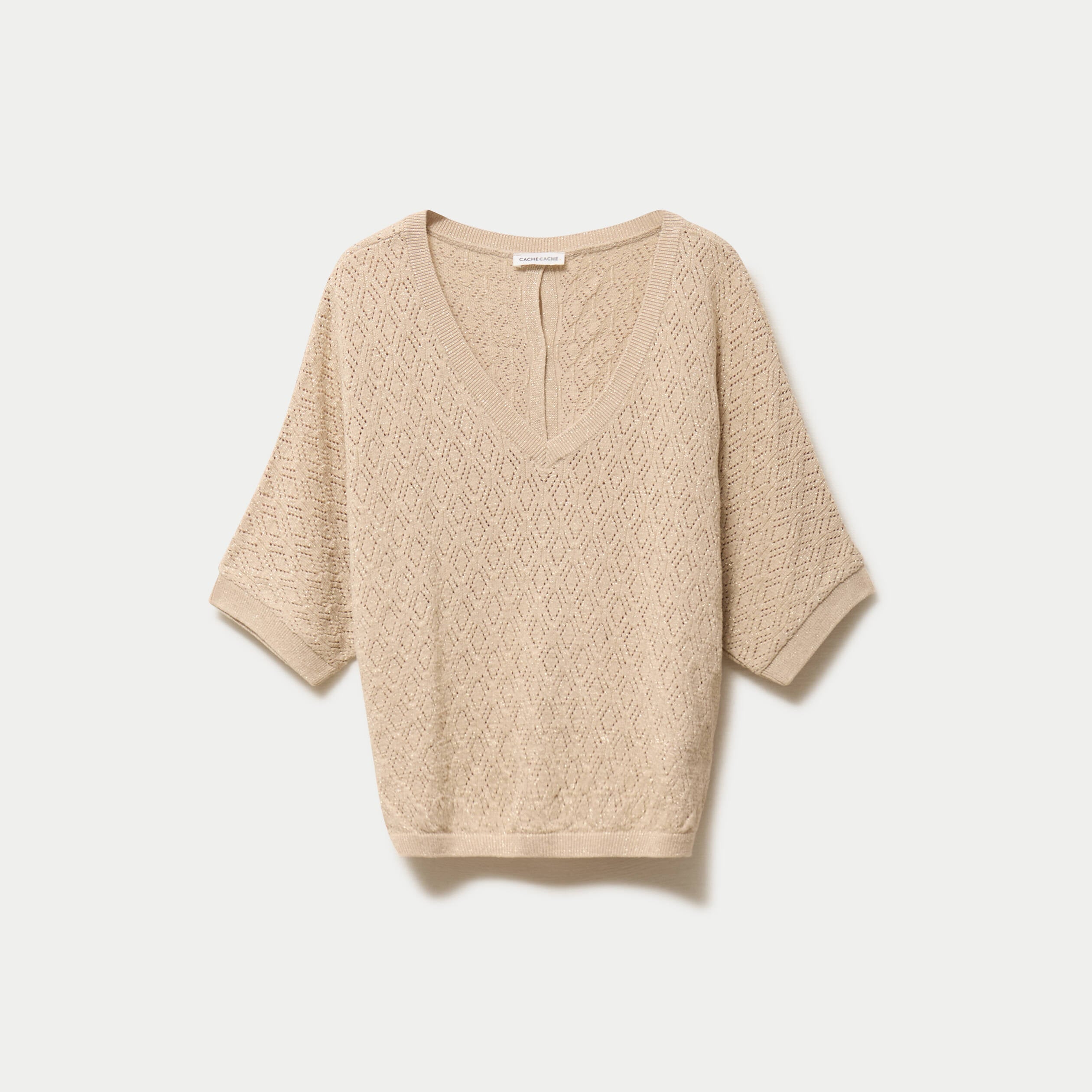 Pull ajour&eacute; col v manches courtes beige femme