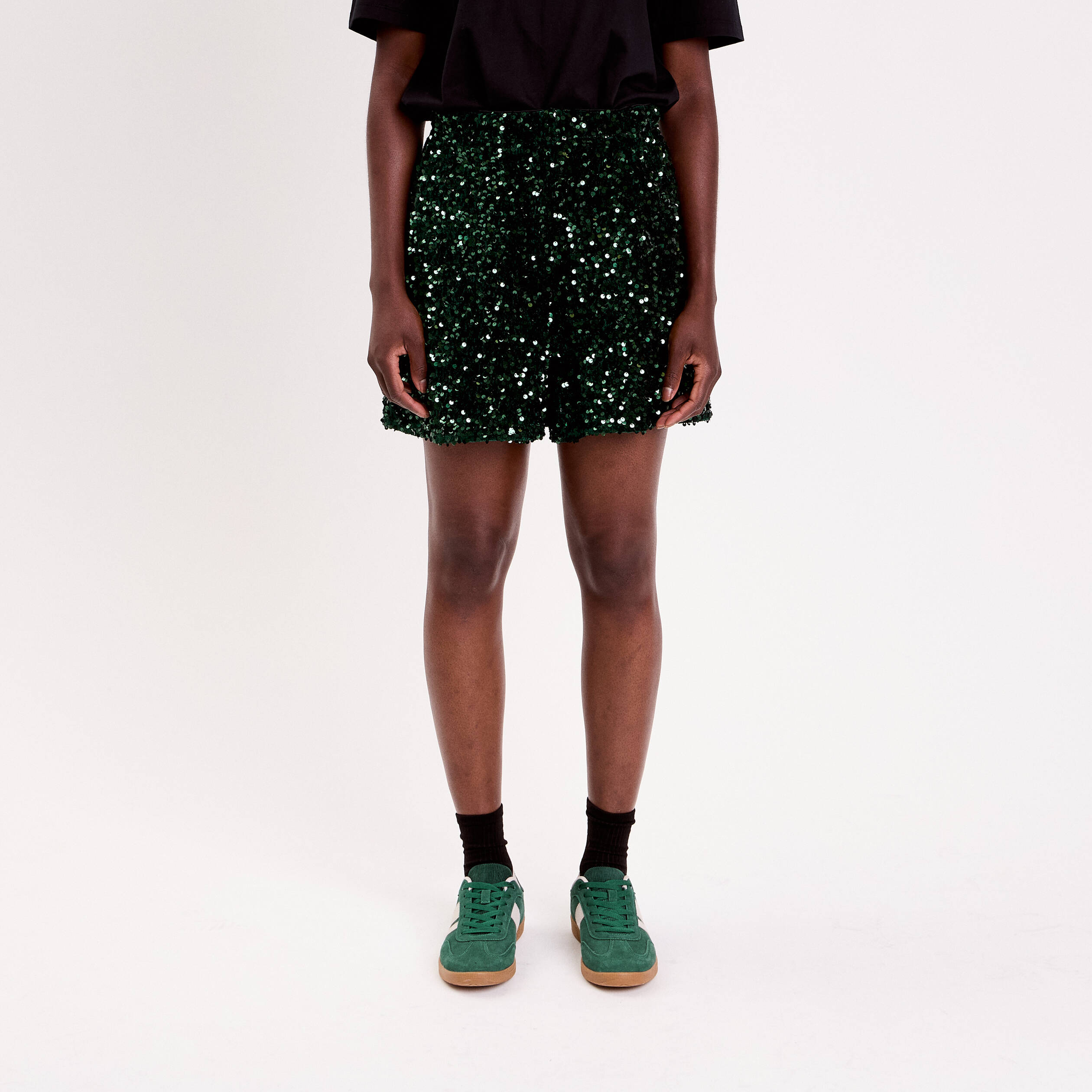 Short flare &agrave; sequins brillants vert fonc&eacute; femme
