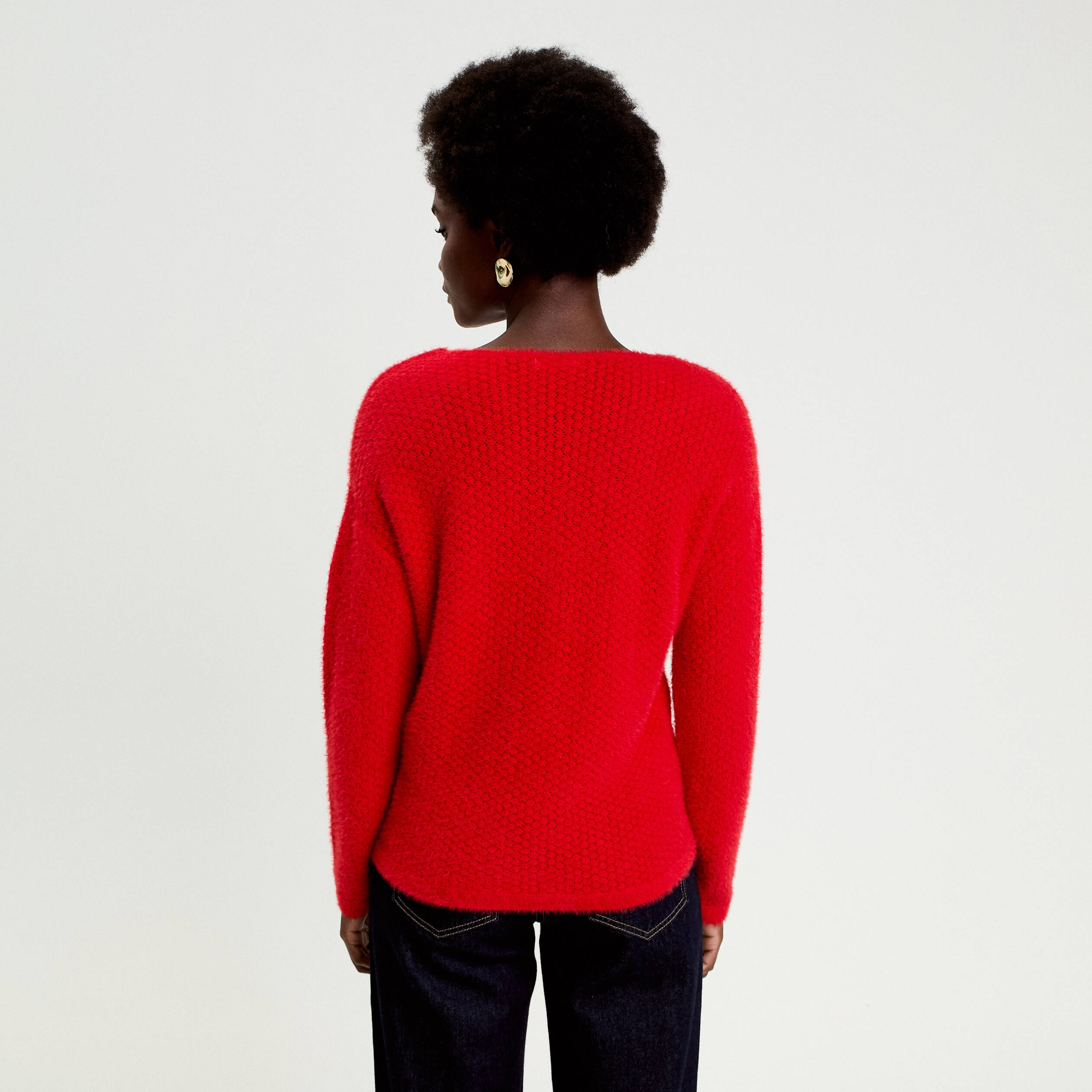 Pull col v manches longues rouge femme