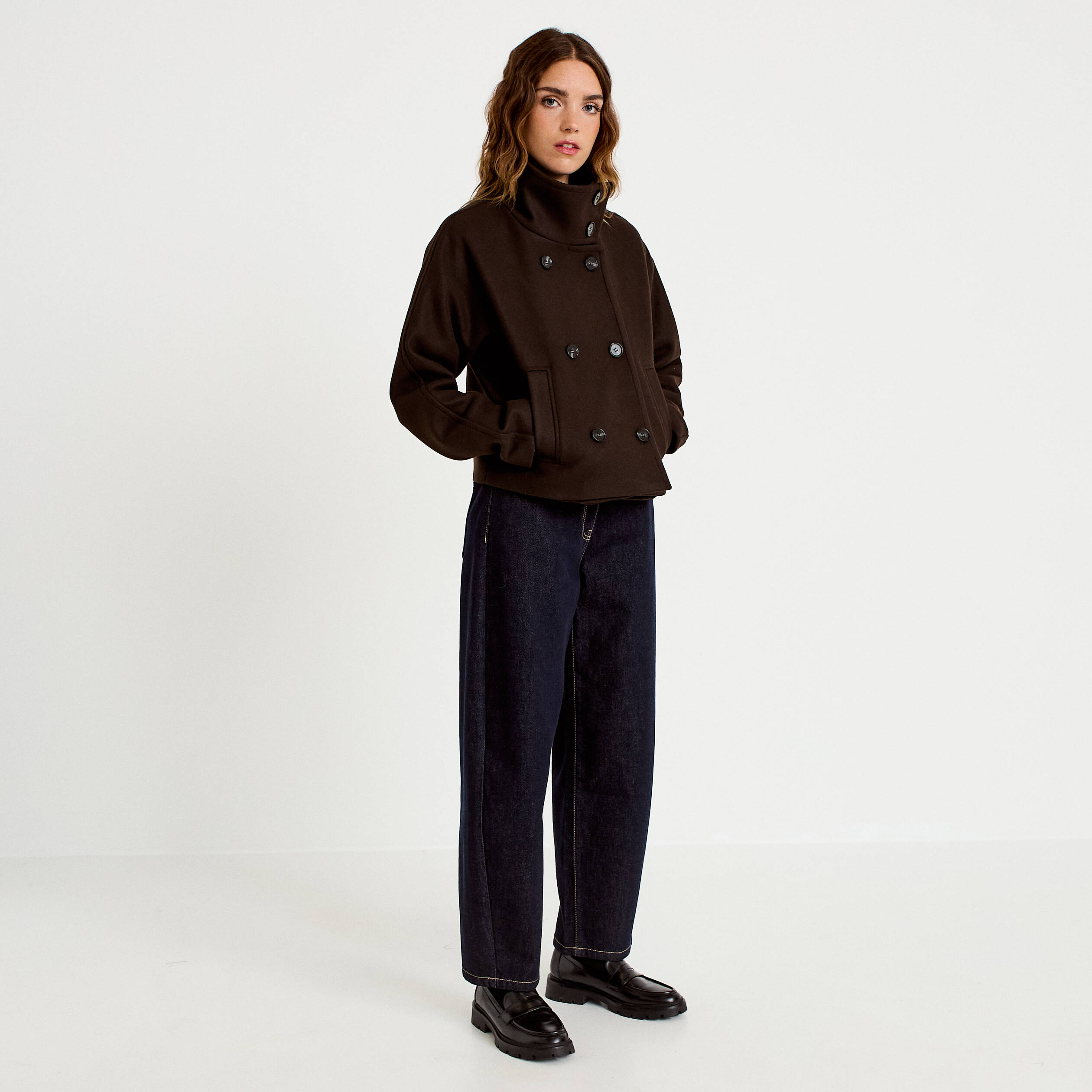Caban court col montant marron fonc&eacute; femme