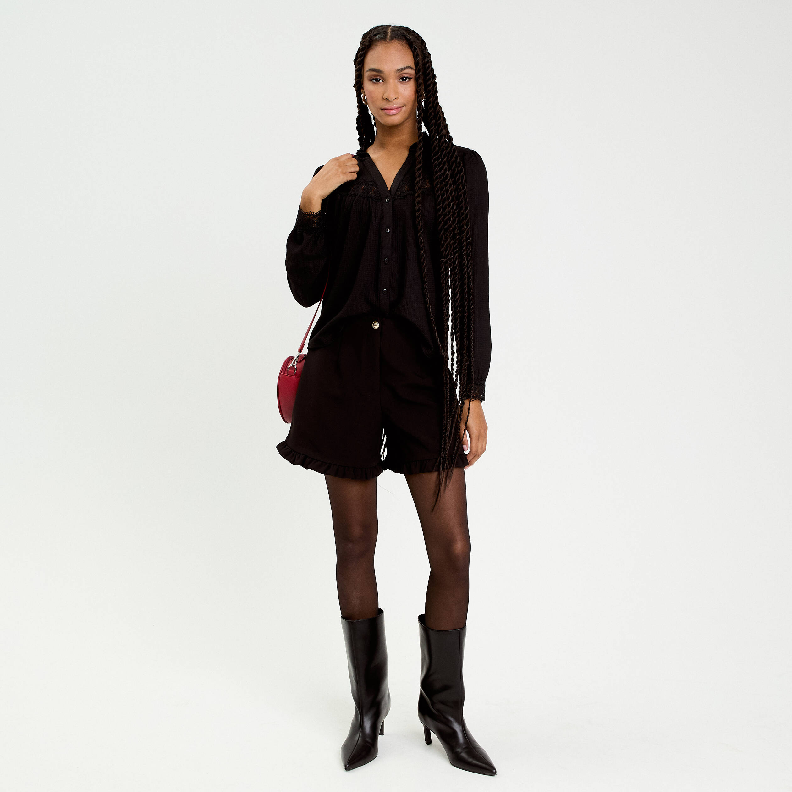 Blouse maille relief&eacute;e noir femme